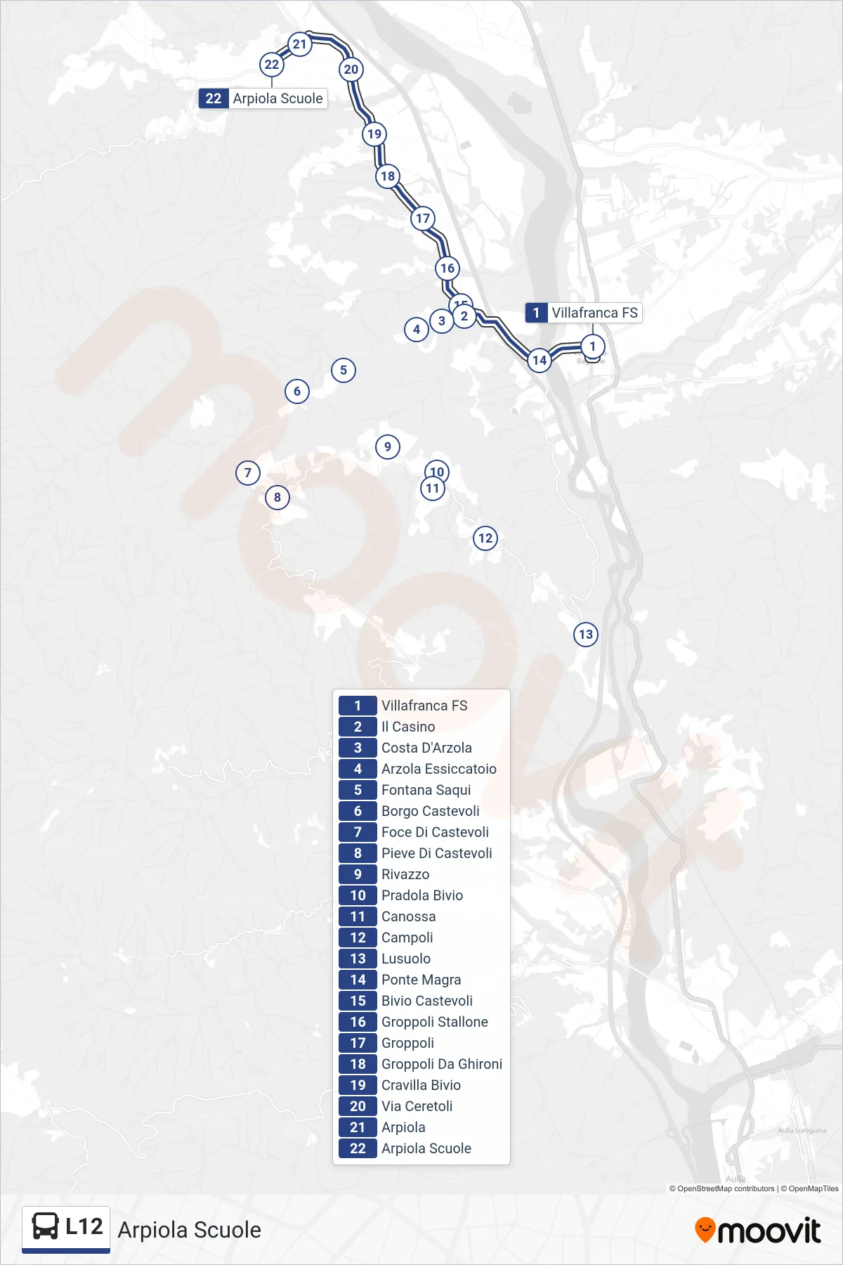 Linea L12  tram (Arpiola Scuole) - Percorsi e fermate sulla mappa