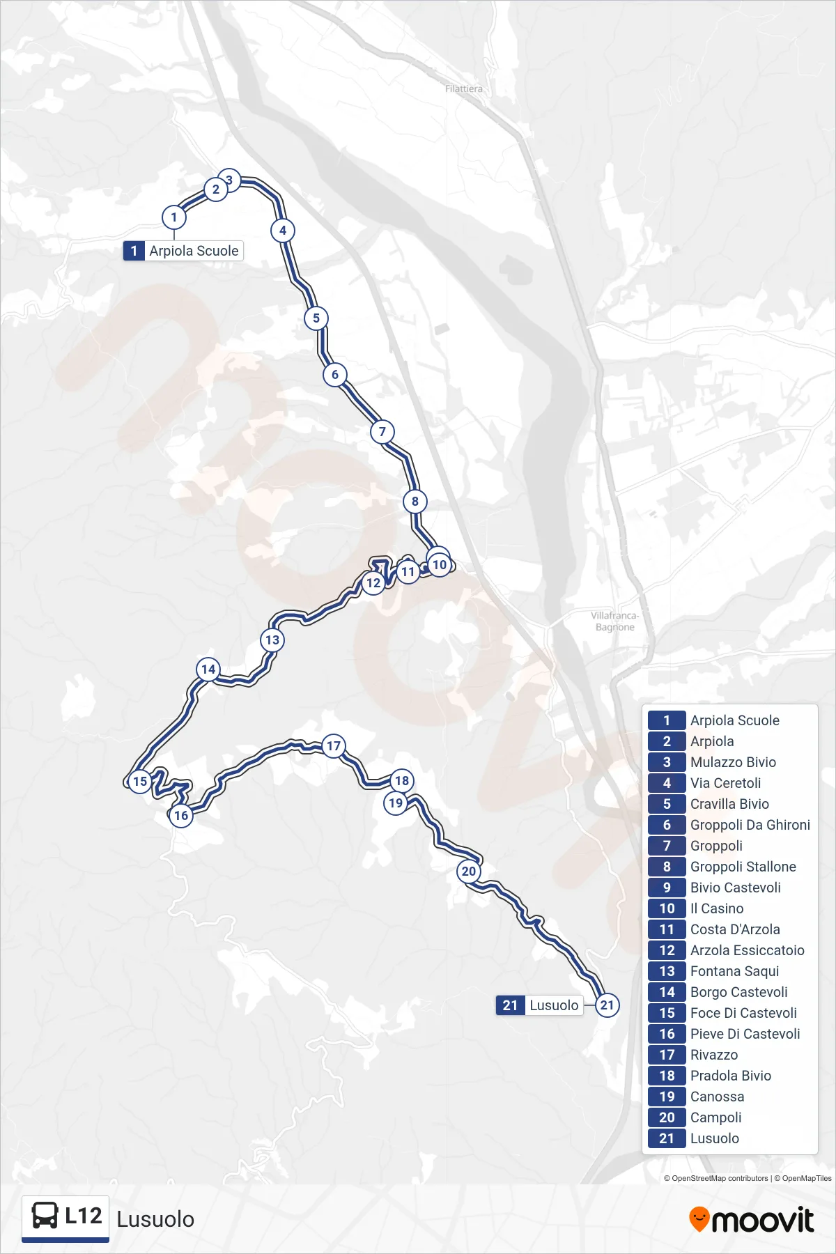 Linea L12 tram (Lusuolo) - Percorsi e fermate sulla mappa