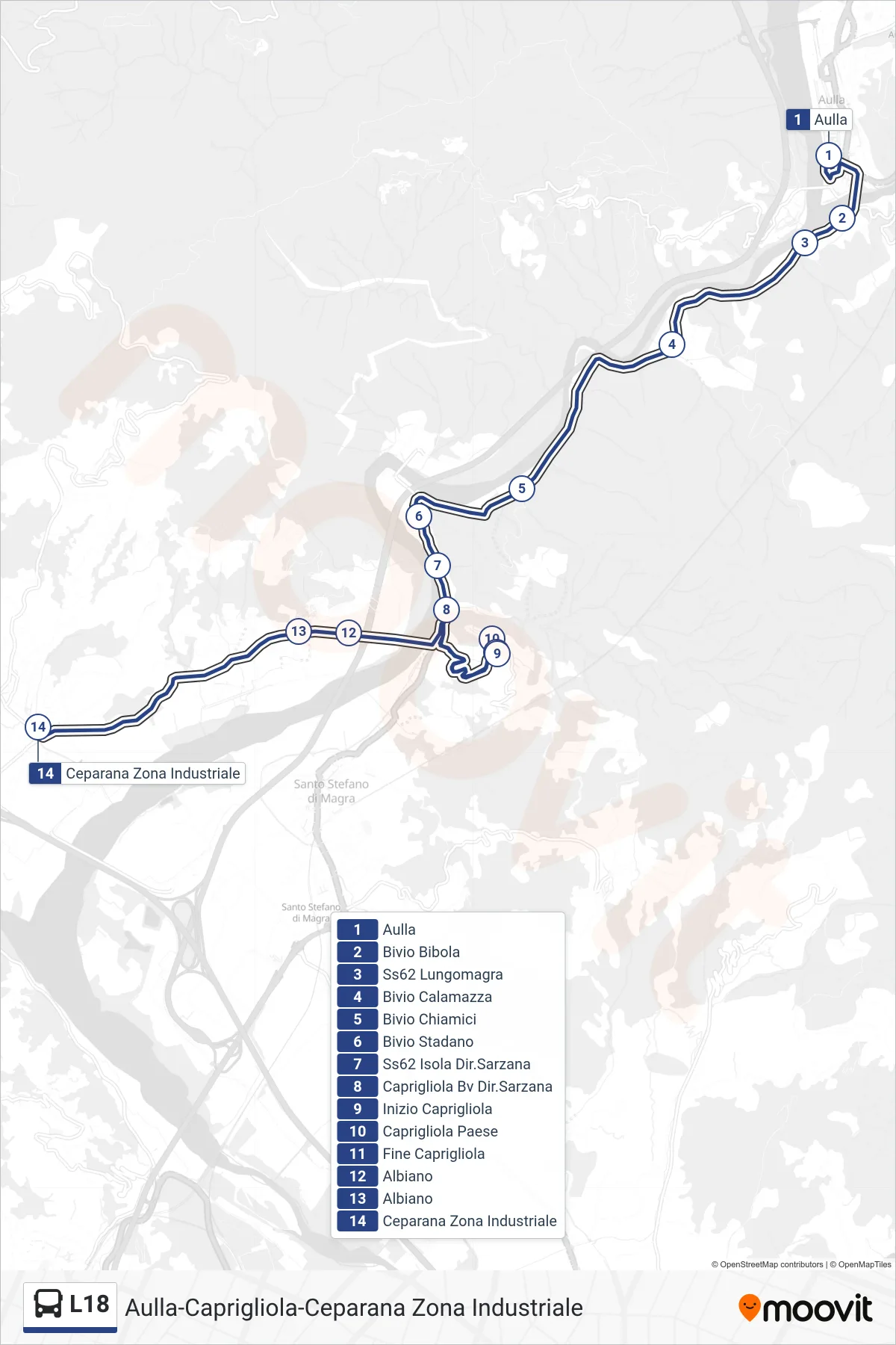 Linea L18 tram (Ceparana Zona Industriale) - Percorsi e fermate sulla mappa
