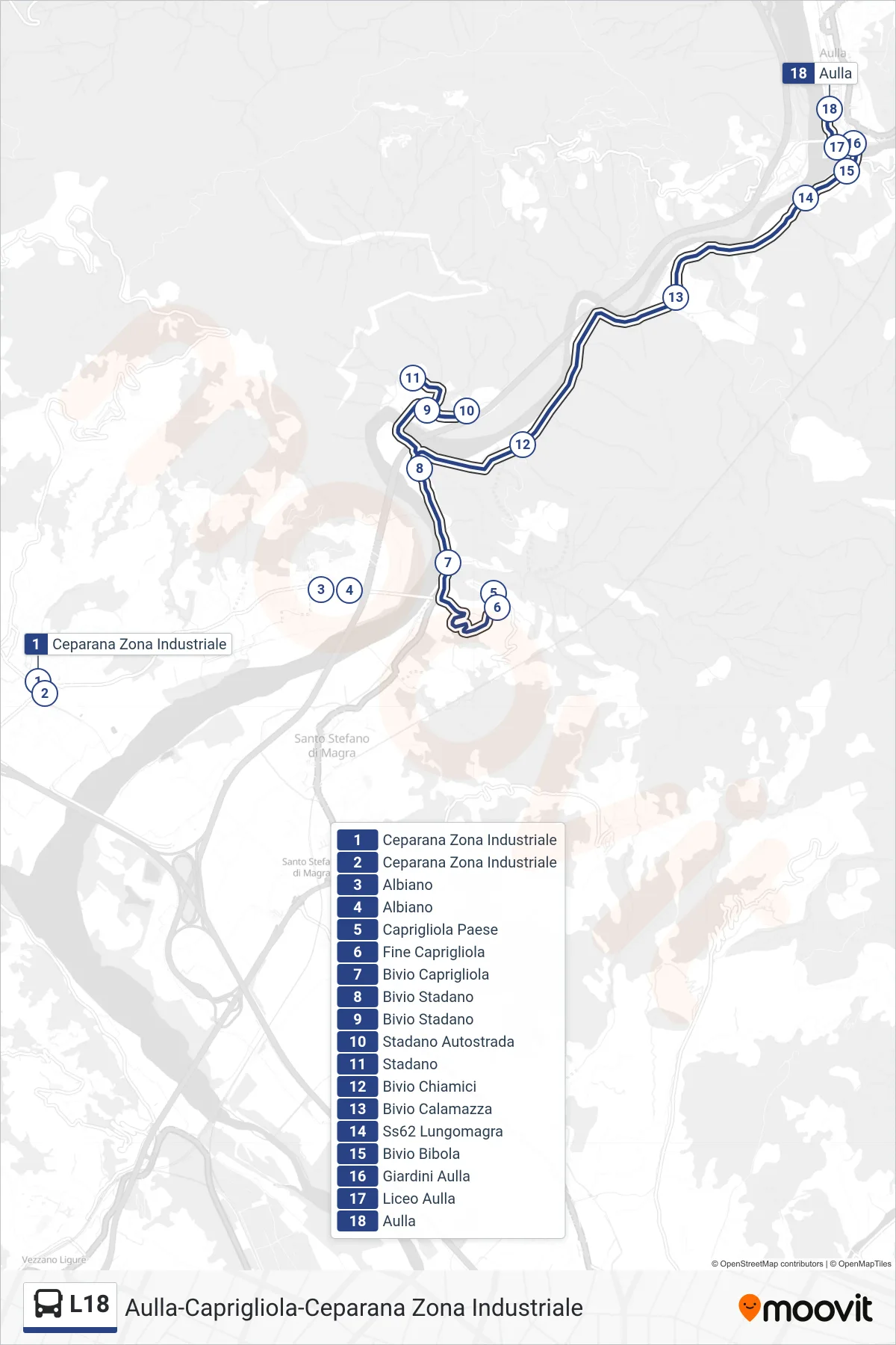 Linea L18  tram (Aulla) - Percorsi e fermate sulla mappa