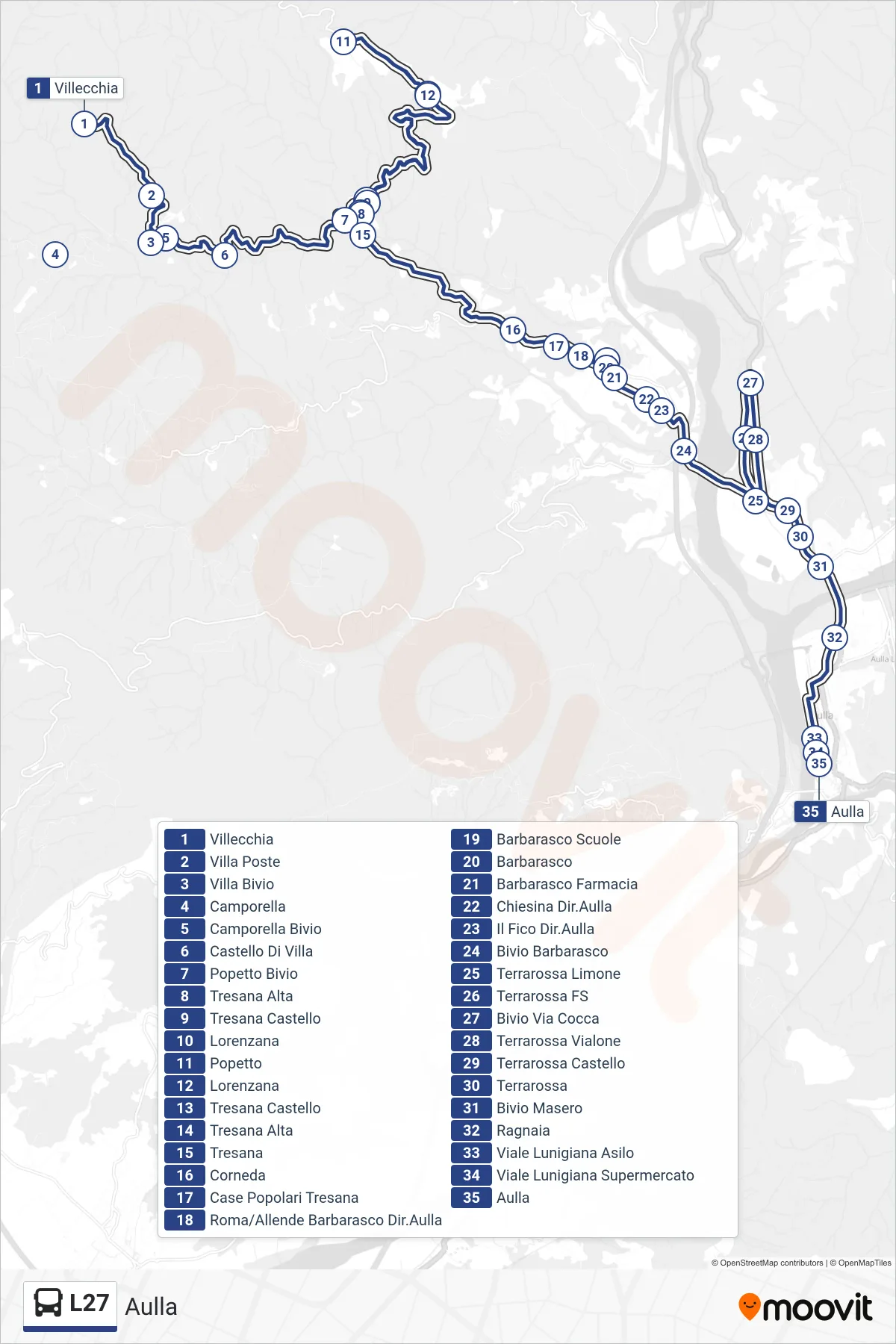 Linea L27  tram (Aulla) - Percorsi e fermate sulla mappa