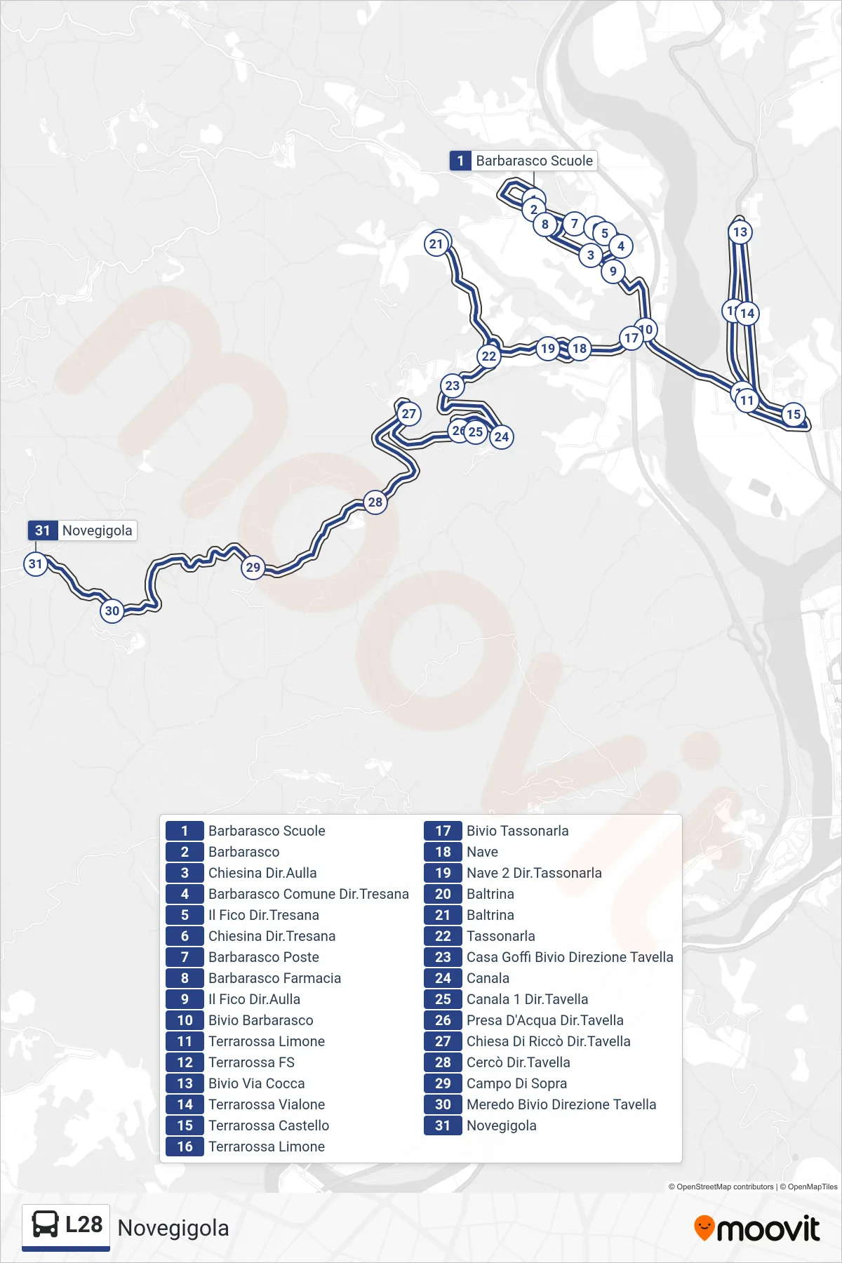 Linea L28 tram (Novegigola) - Percorsi e fermate sulla mappa