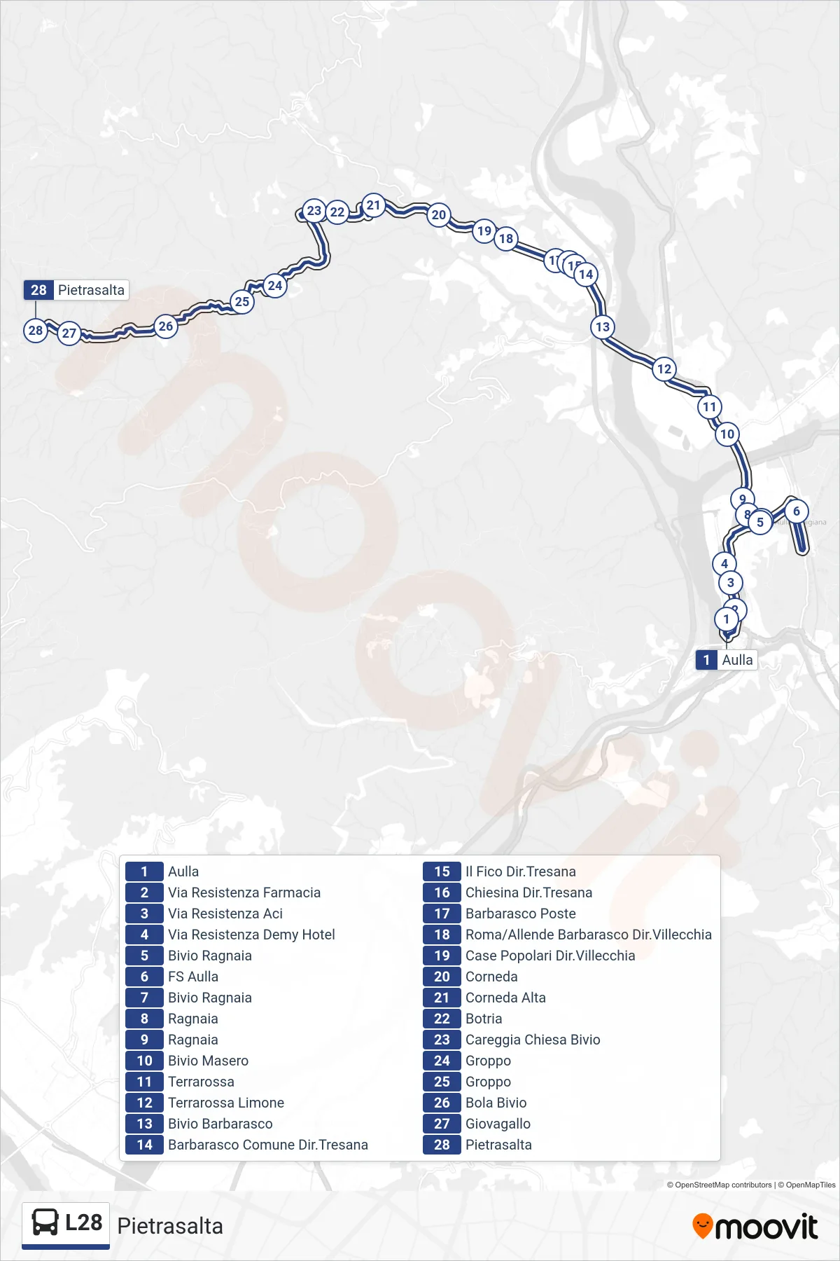 Linea L28  tram (Pietrasalta) - Percorsi e fermate sulla mappa