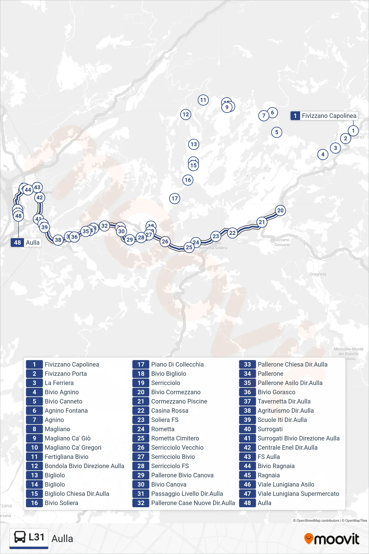 Linea L31  tram (Aulla) - Percorsi e fermate sulla mappa