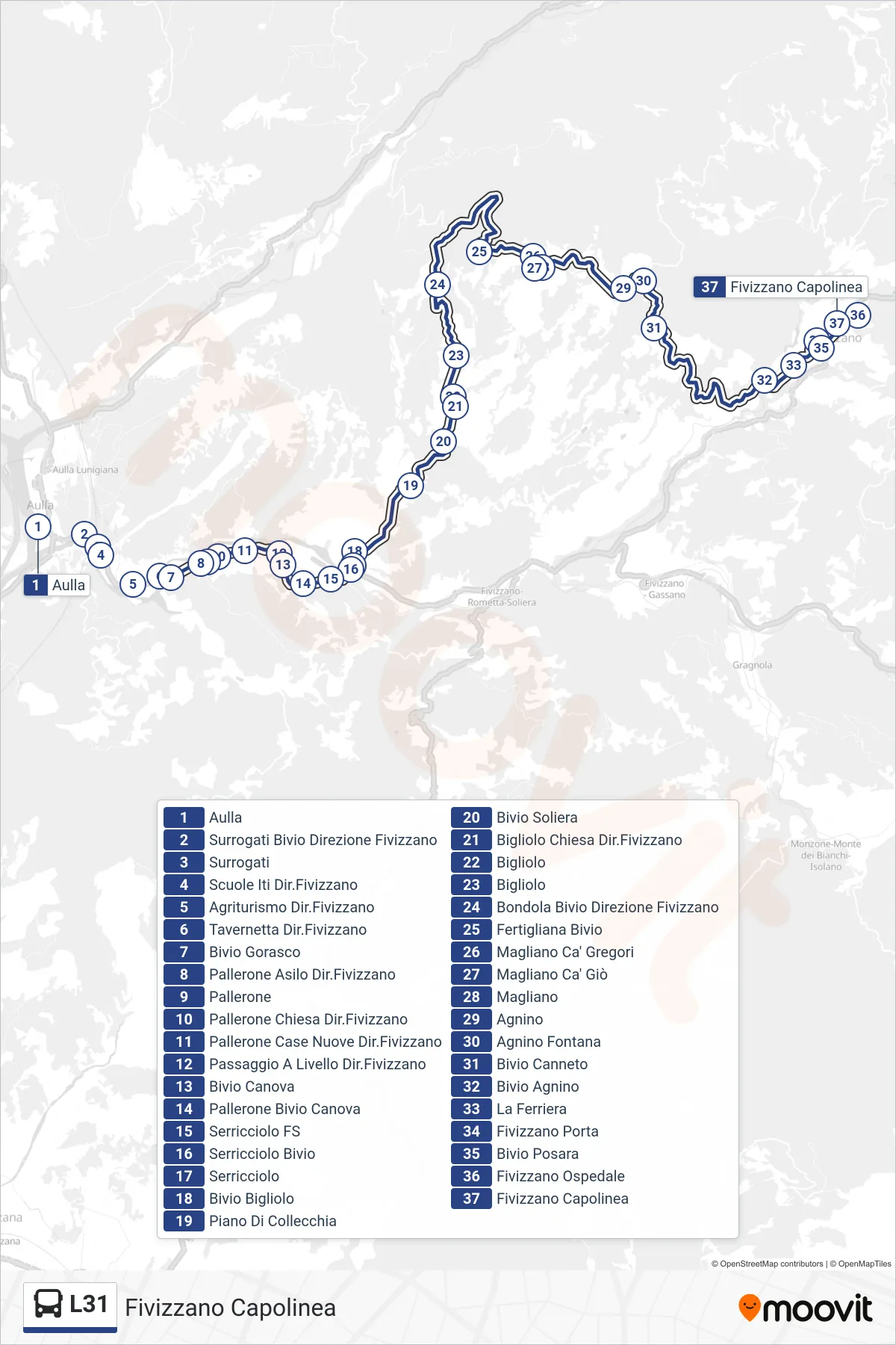 Linea L31  tram (Fivizzano Capolinea) - Percorsi e fermate sulla mappa