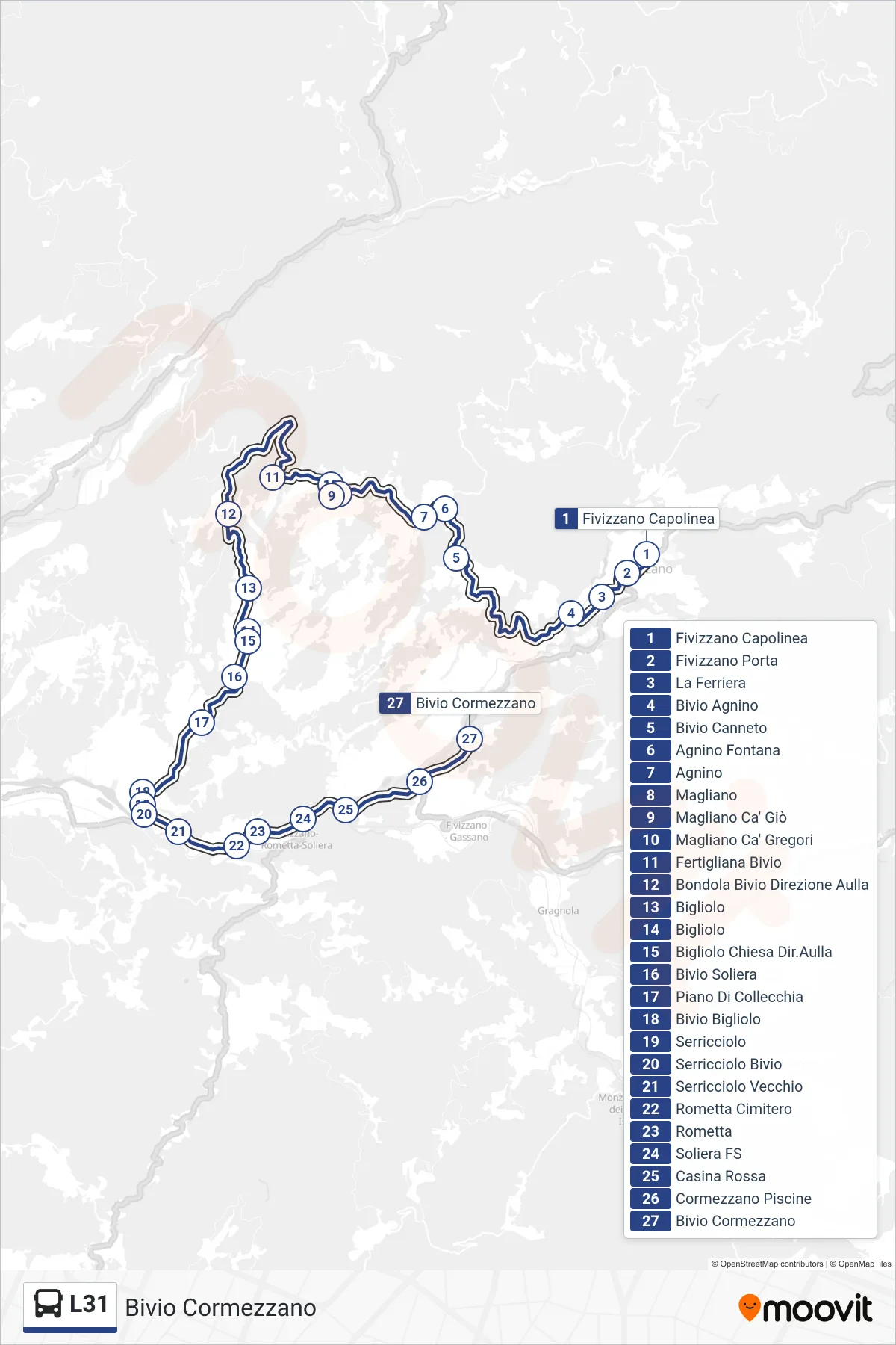 Linea L31  tram (Bivio Cormezzano) - Percorsi e fermate sulla mappa