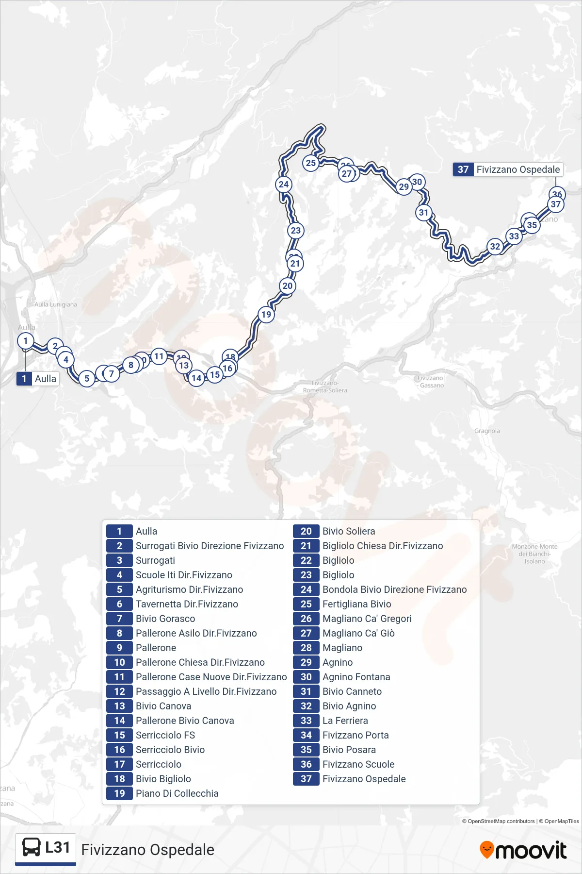 Linea L31  tram (Fivizzano Ospedale) - Percorsi e fermate sulla mappa