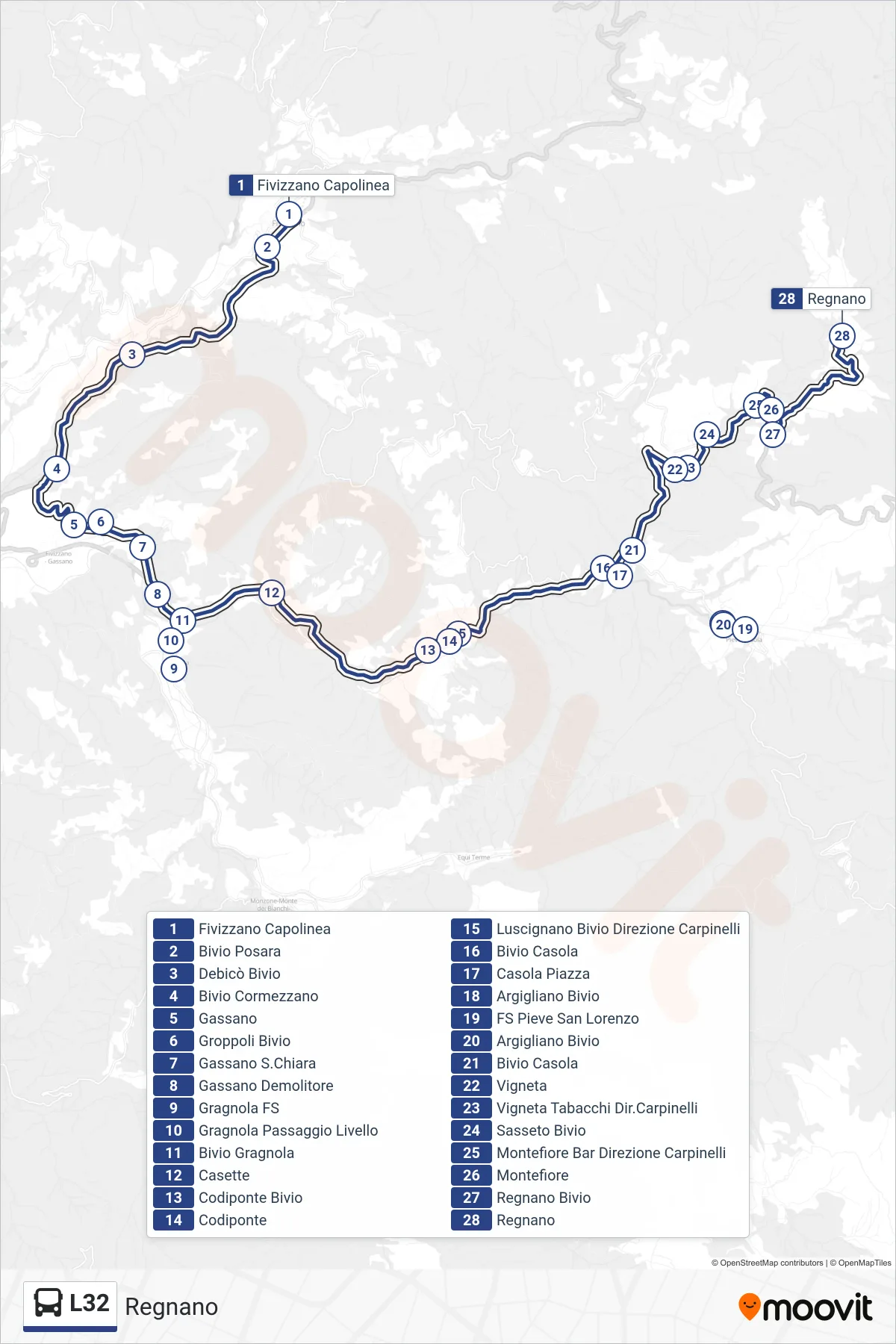 Linea L32 tram (Regnano) - Percorsi e fermate sulla mappa