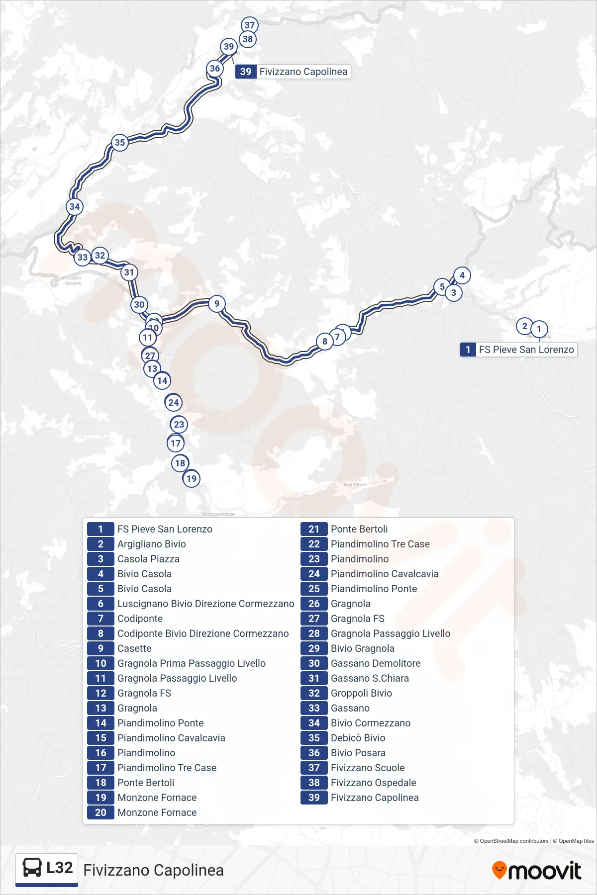 Linea L32 tram (Fivizzano Capolinea) - Percorsi e fermate sulla mappa