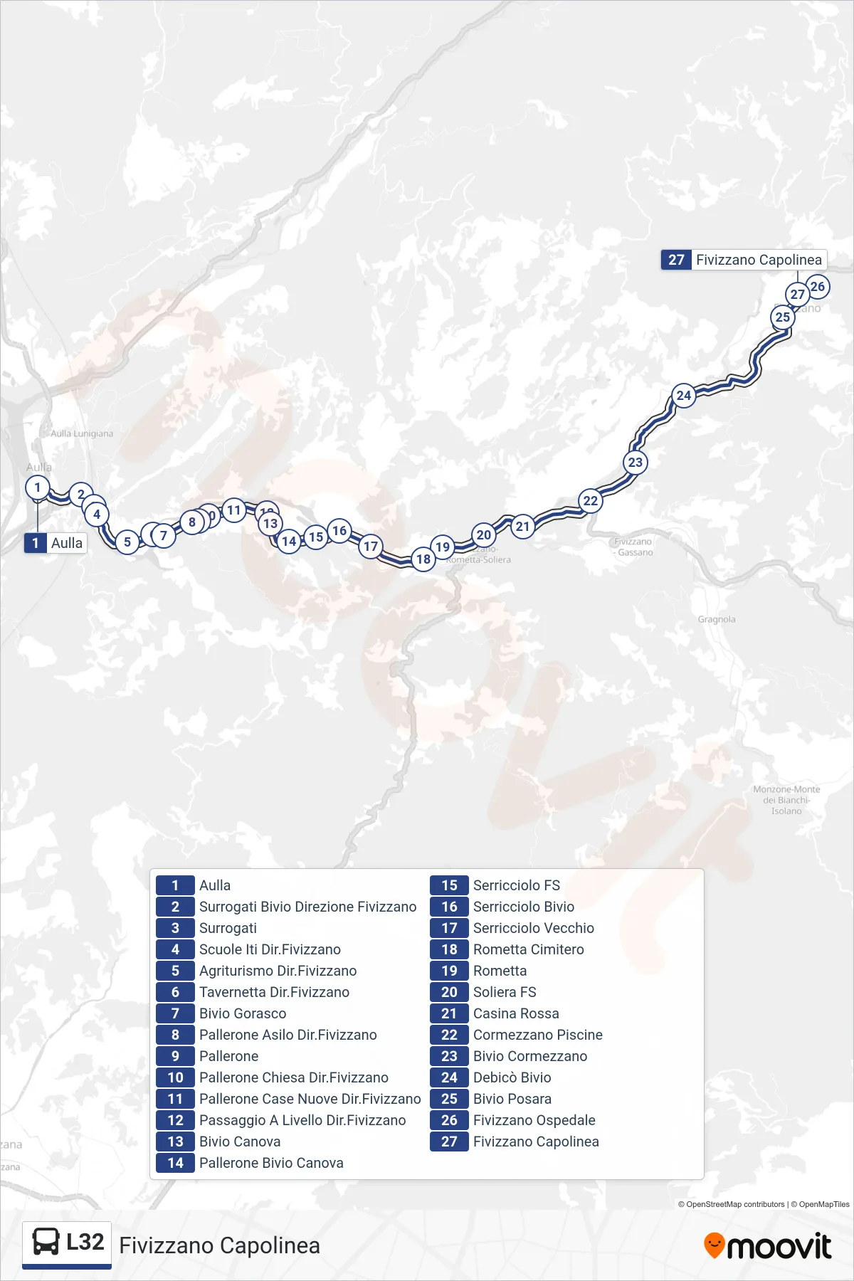 Linea L32 tram (Fivizzano Capolinea) - Percorsi e fermate sulla mappa