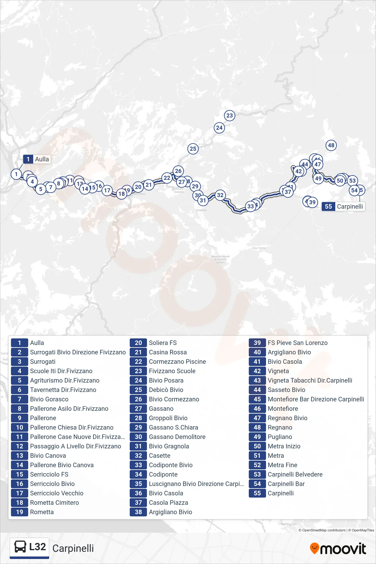 Linea L32 tram (Carpinelli) - Percorsi e fermate sulla mappa
