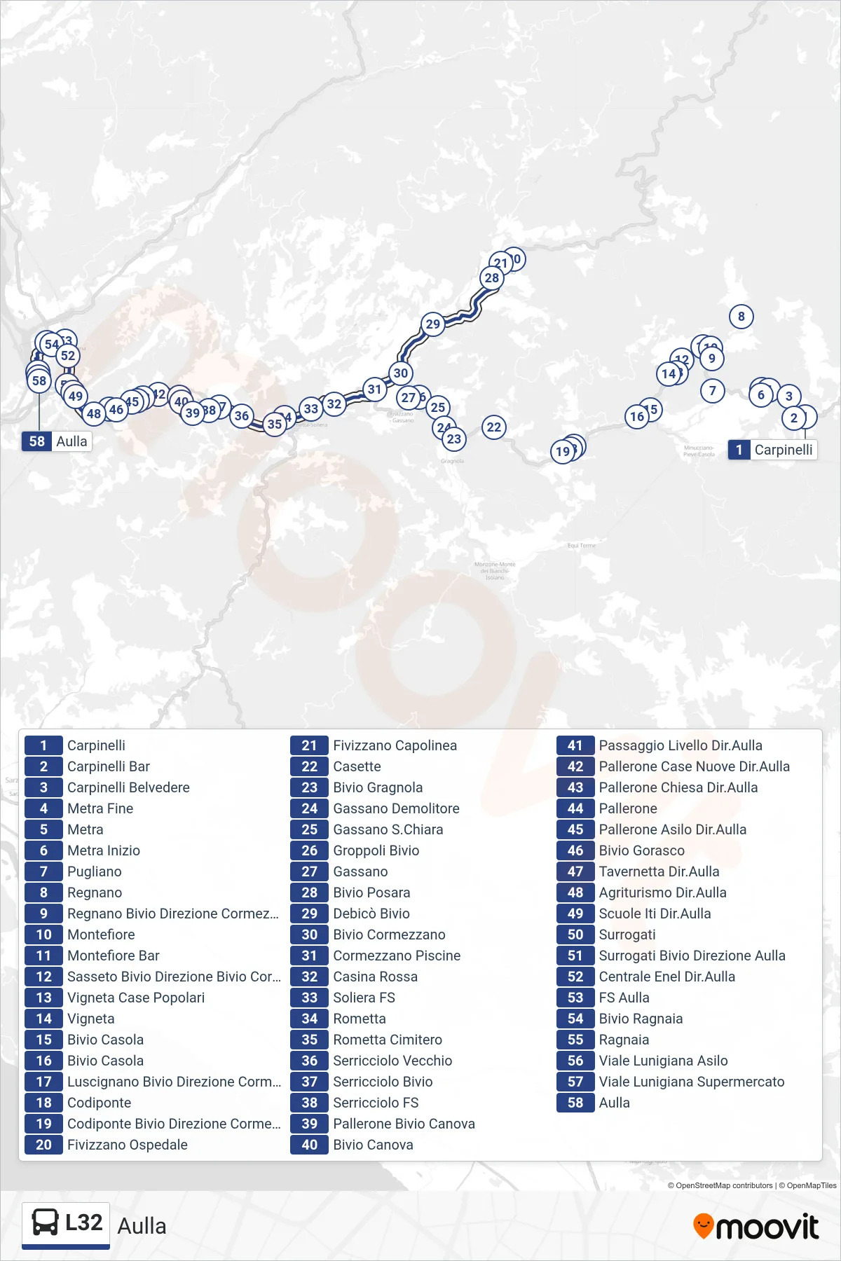Linea L32 tram (Aulla) - Percorsi e fermate sulla mappa
