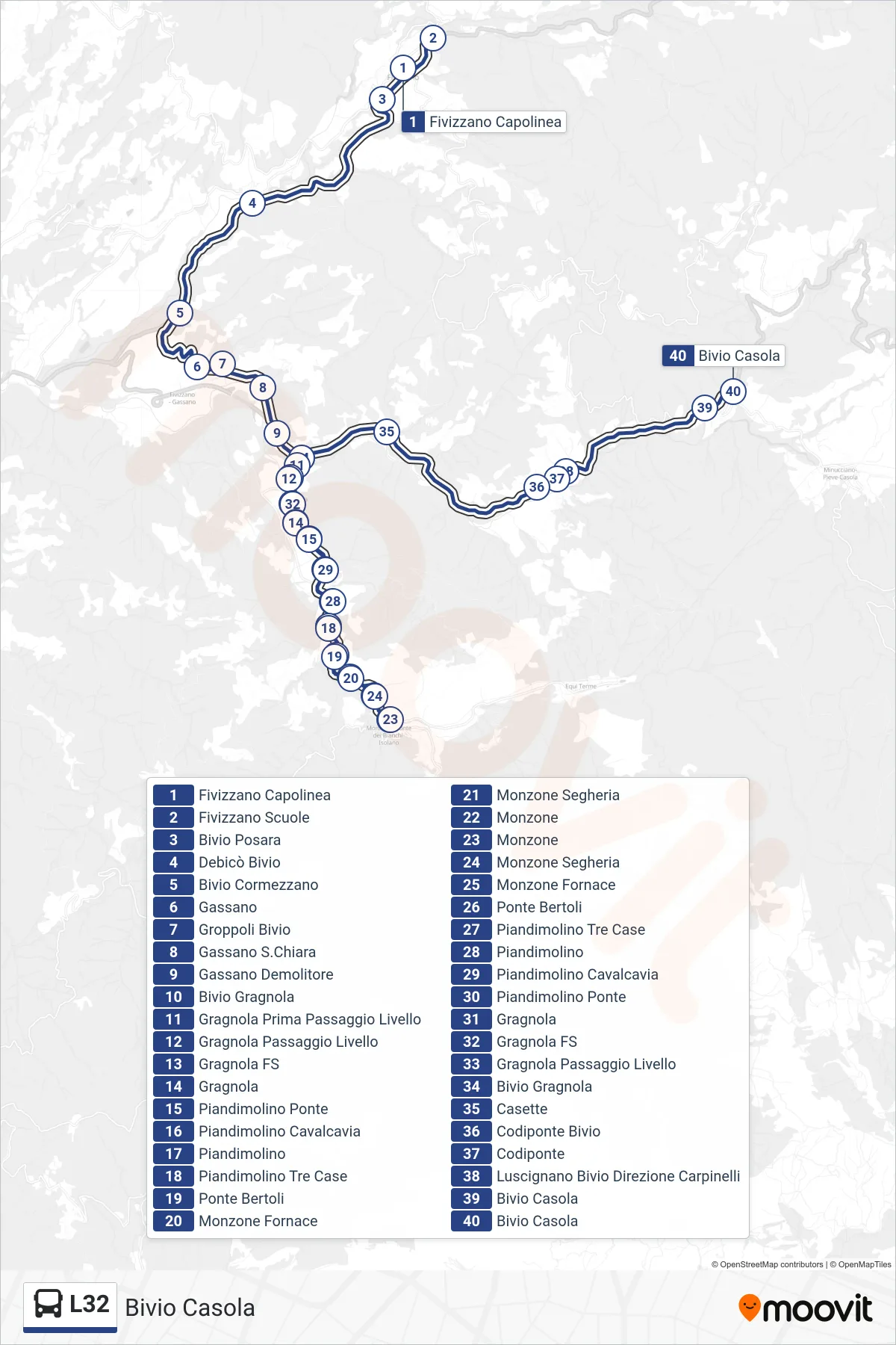 Linea L32 tram (Bivio Casola) - Percorsi e fermate sulla mappa