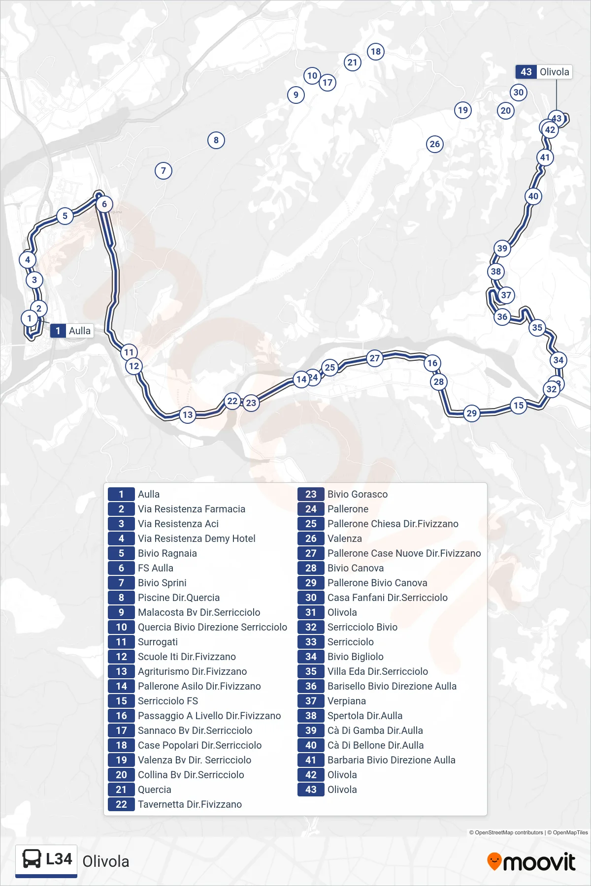 Linea L34 tram (Olivola) - Percorsi e fermate sulla mappa