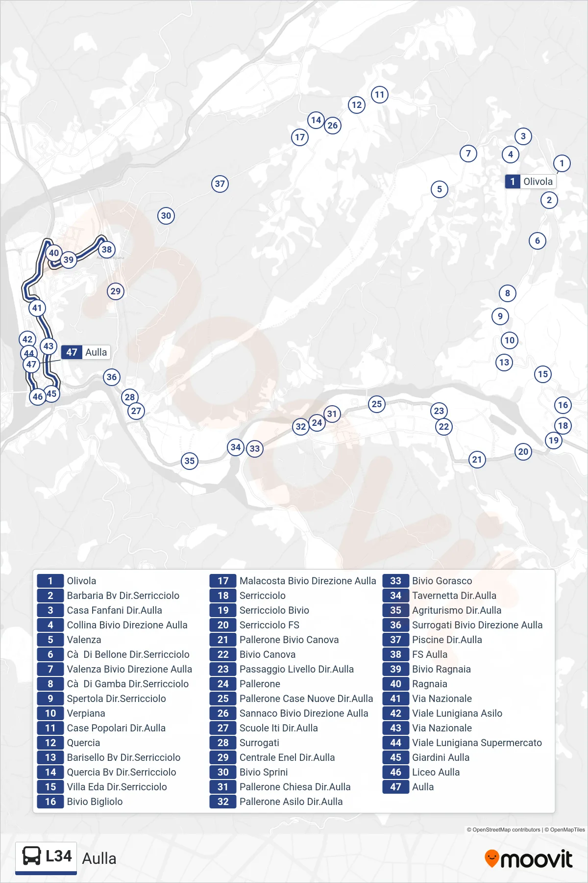 Linea L34 tram (Aulla) - Percorsi e fermate sulla mappa