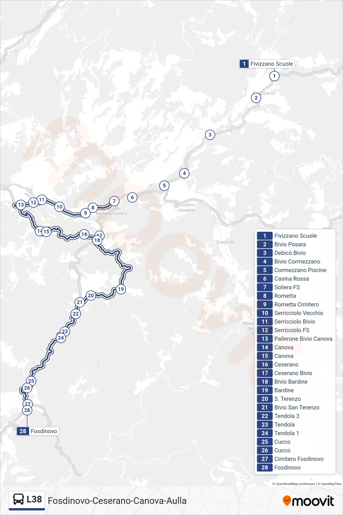 Linea L38 tram (Fosdinovo) - Percorsi e fermate sulla mappa