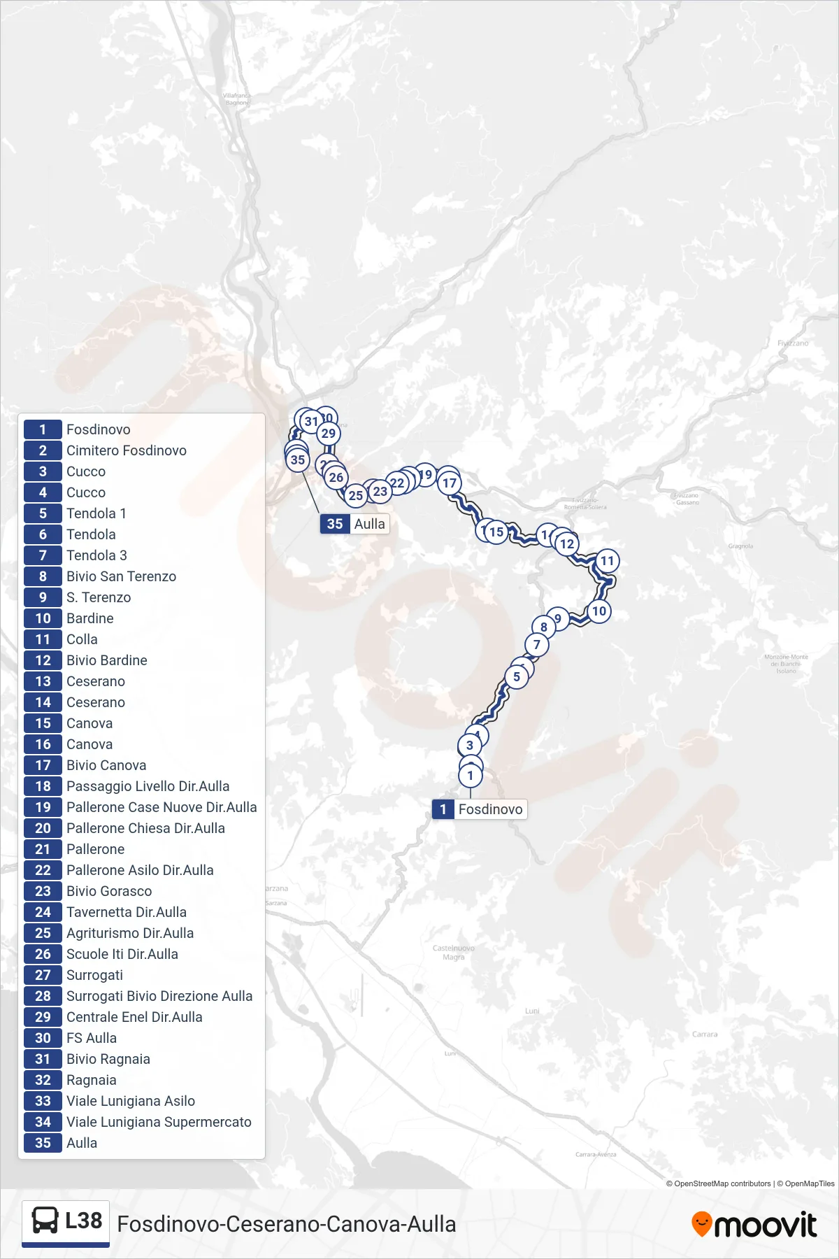 Linea L38 tram (Aulla) - Percorsi e fermate sulla mappa