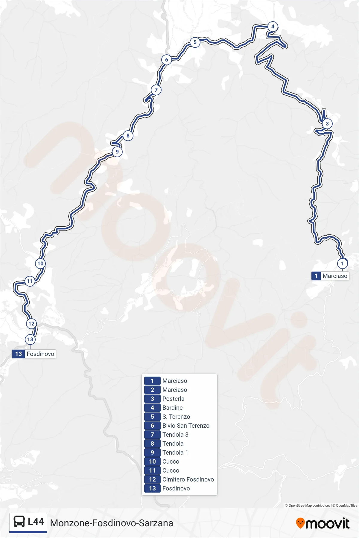 Linea L44 tram (Fosdinovo) - Percorsi e fermate sulla mappa