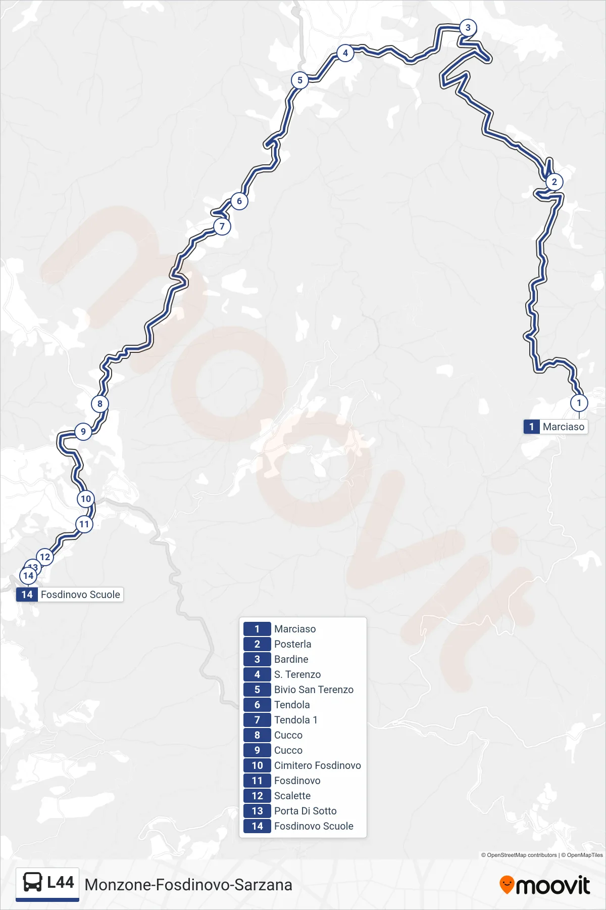 Linea L44 tram (Fosdinovo Scuole) - Percorsi e fermate sulla mappa
