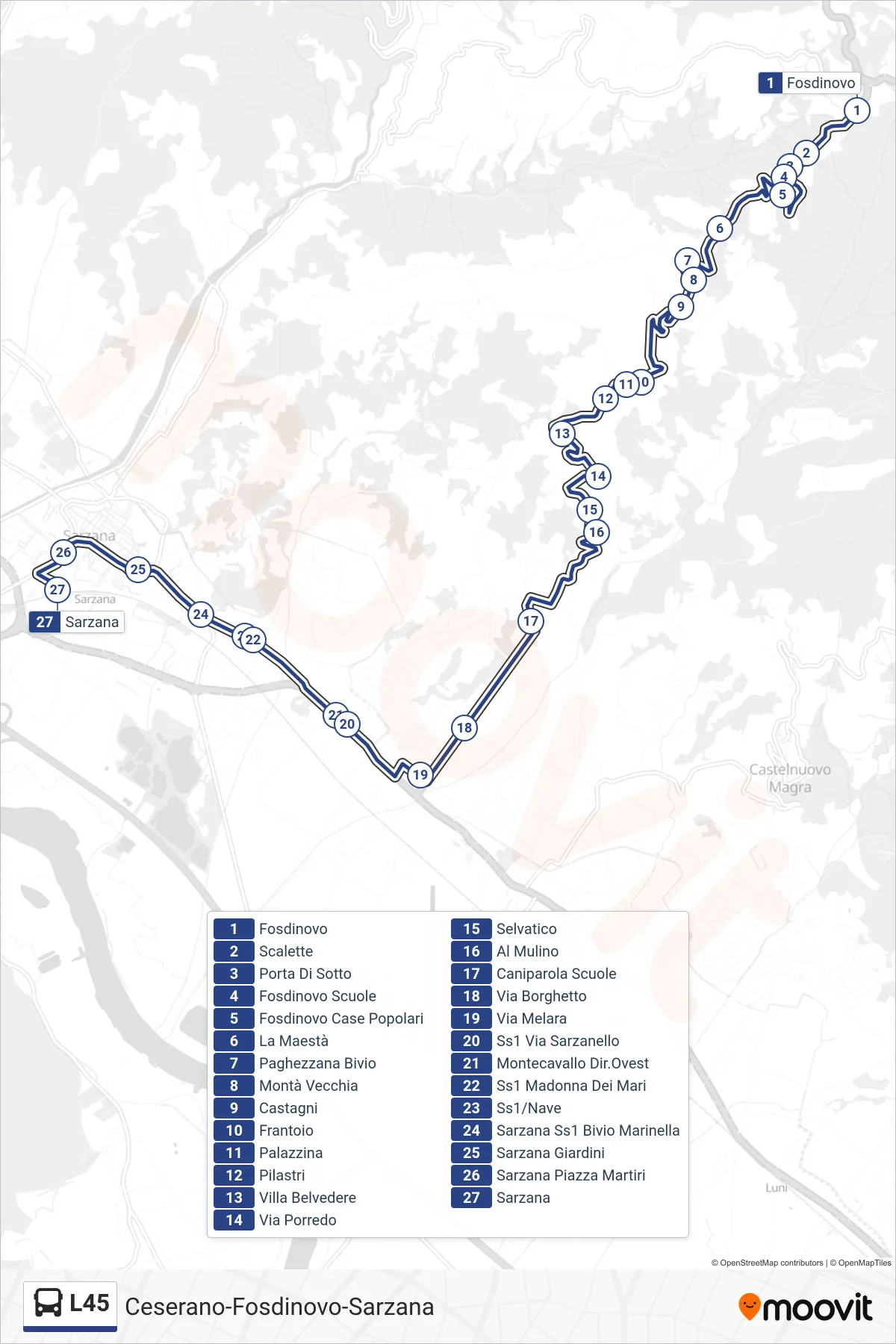 Linea L45 tram (Sarzana) - Percorsi e fermate sulla mappa