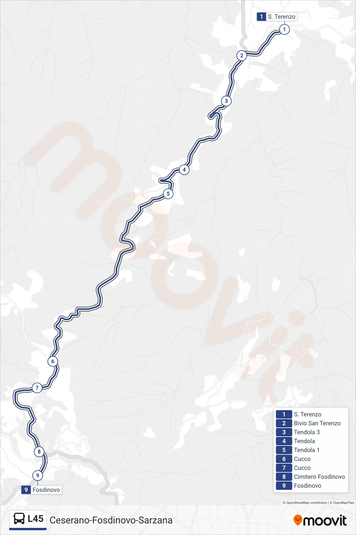 Linea L45  tram (Fosdinovo) - Percorsi e fermate sulla mappa