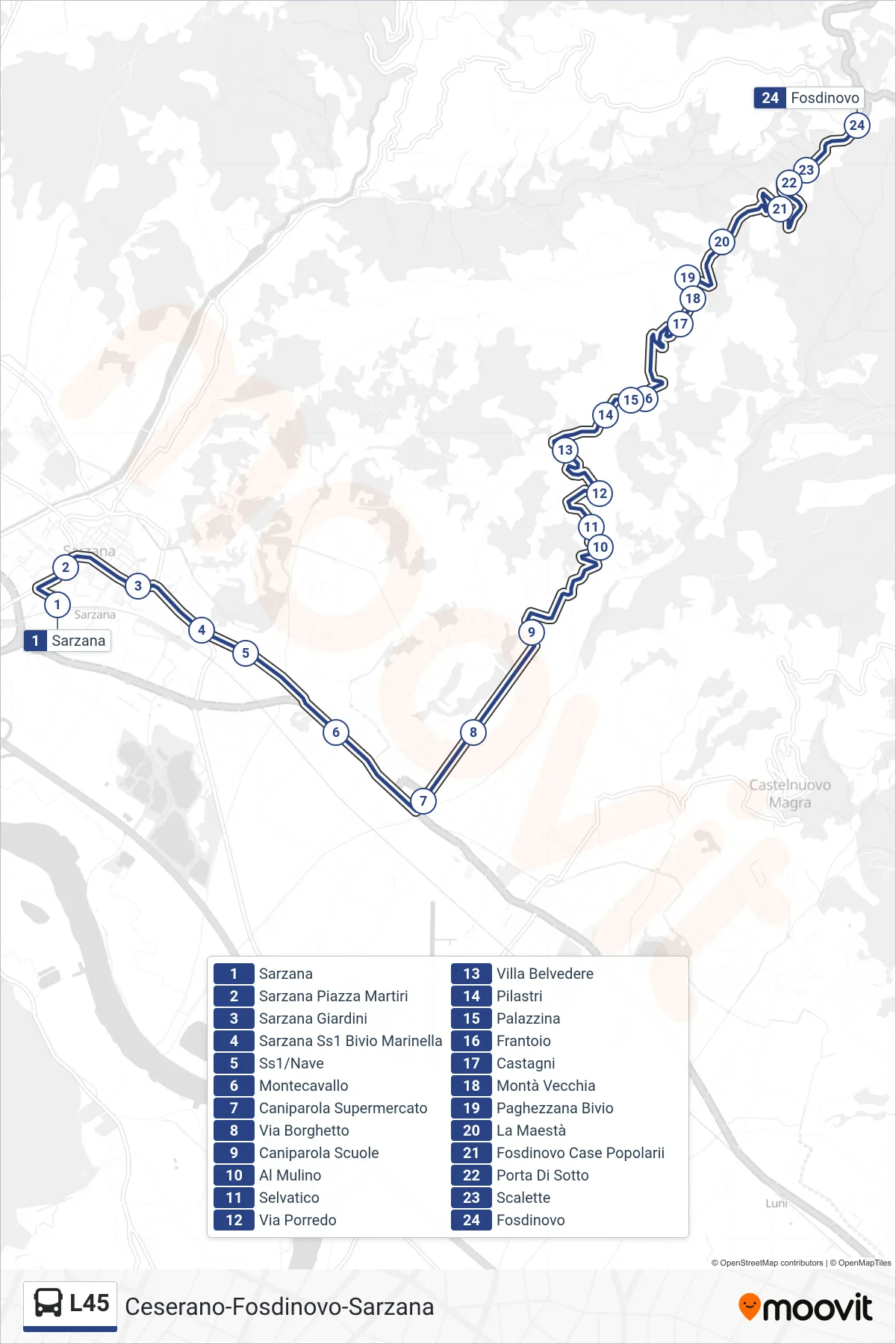 Linea L45 tram (Fosdinovo) - Percorsi e fermate sulla mappa