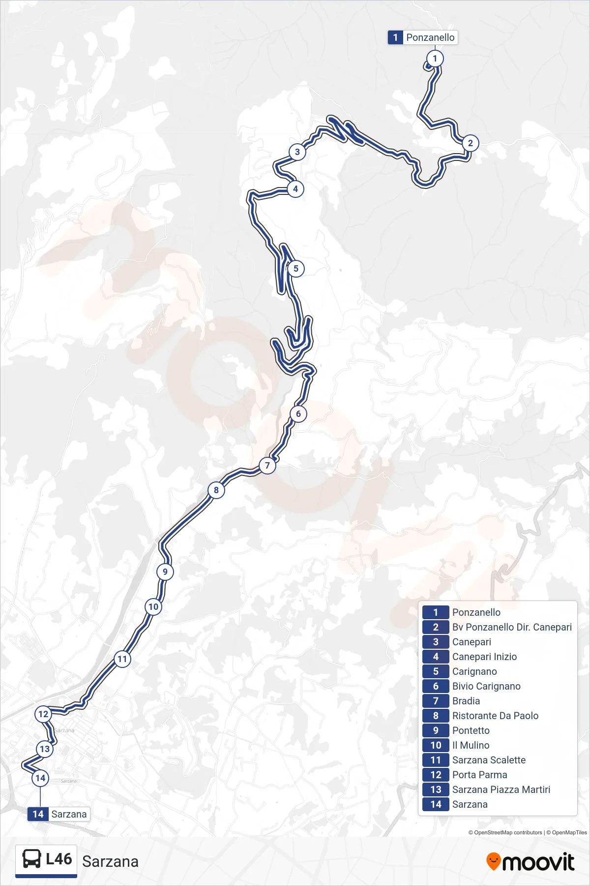 Linea L46 tram (Sarzana) - Percorsi e fermate sulla mappa