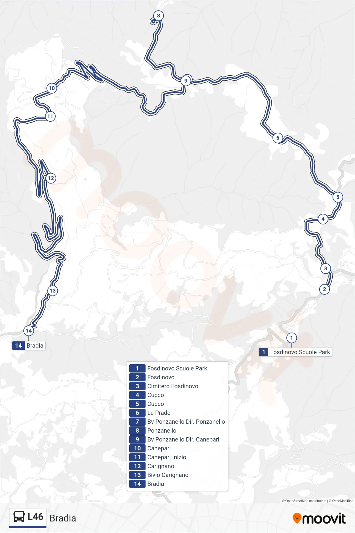 Linea L46  tram (Bradia) - Percorsi e fermate sulla mappa