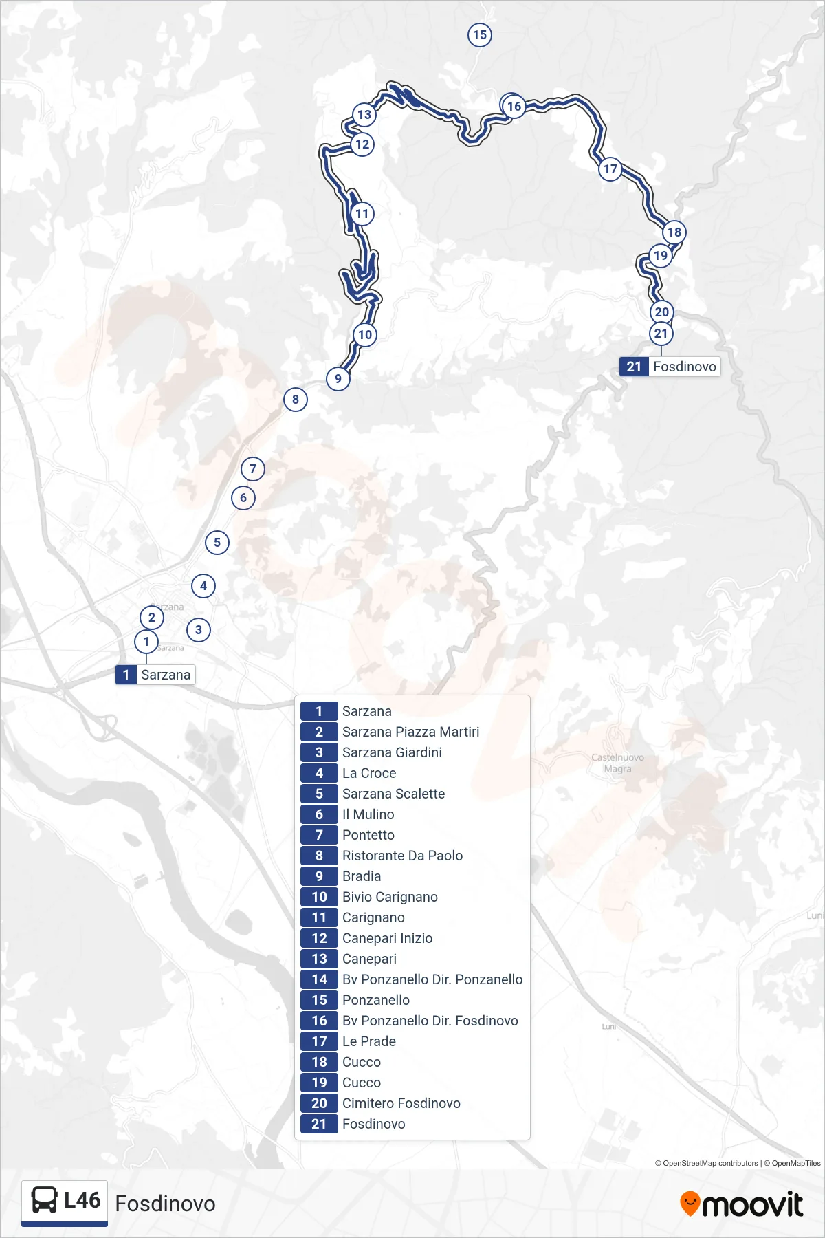 Linea L46 tram (Fosdinovo) - Percorsi e fermate sulla mappa