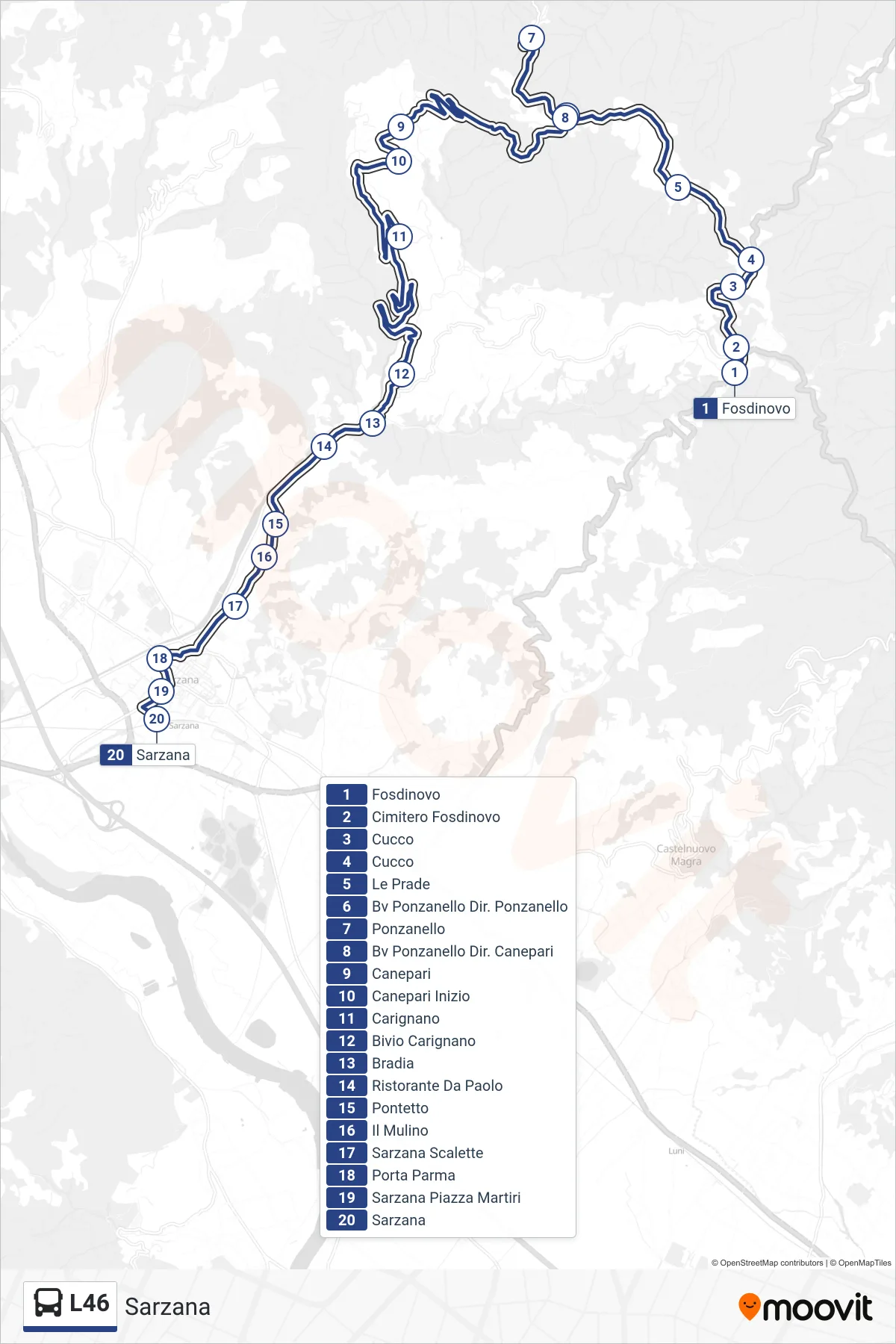 Linea L46 tram (Sarzana) - Percorsi e fermate sulla mappa