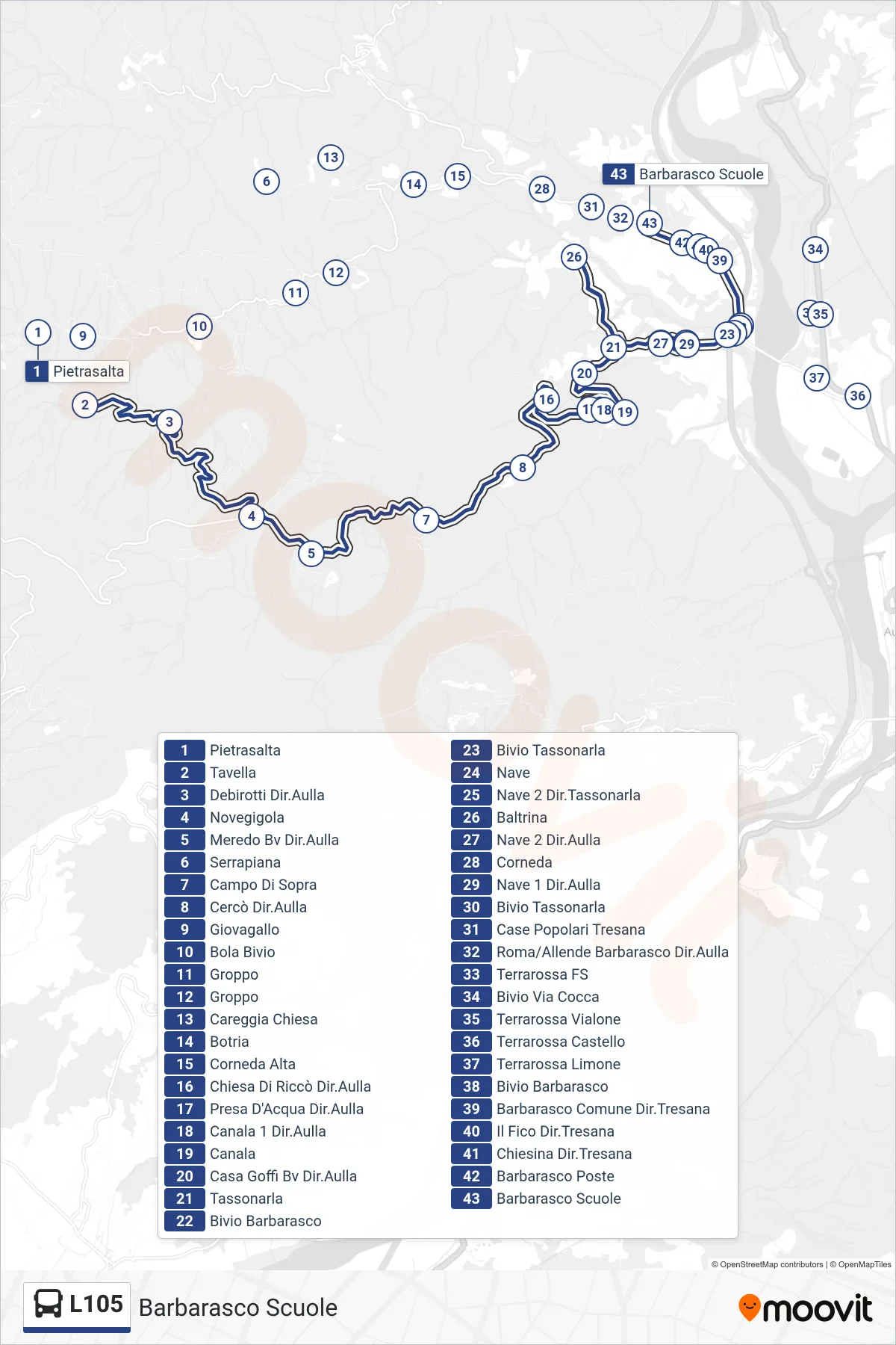 Linea L105 tram (Barbarasco Scuole) - Percorsi e fermate sulla mappa