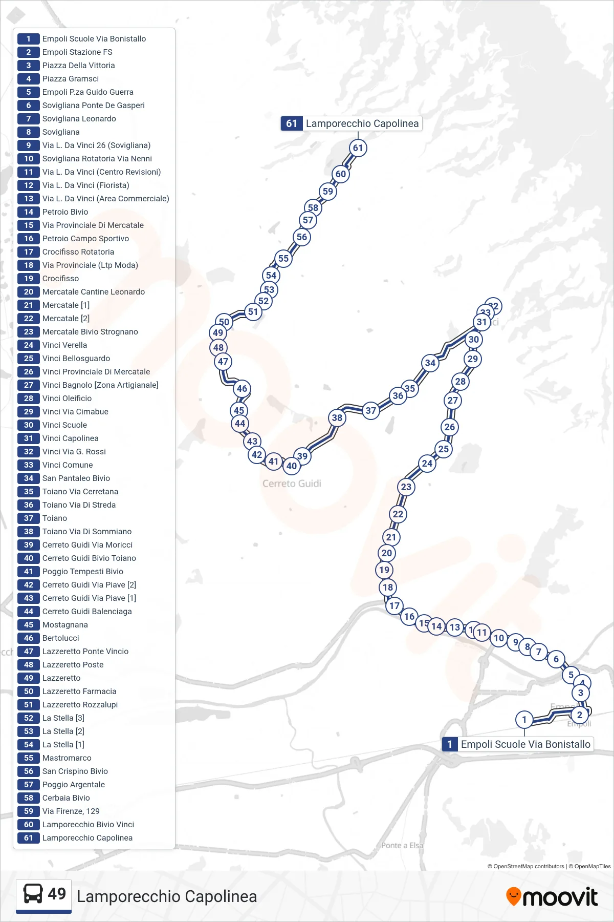 Linea 49  tram (Lamporecchio Capolinea) - Percorsi e fermate sulla mappa