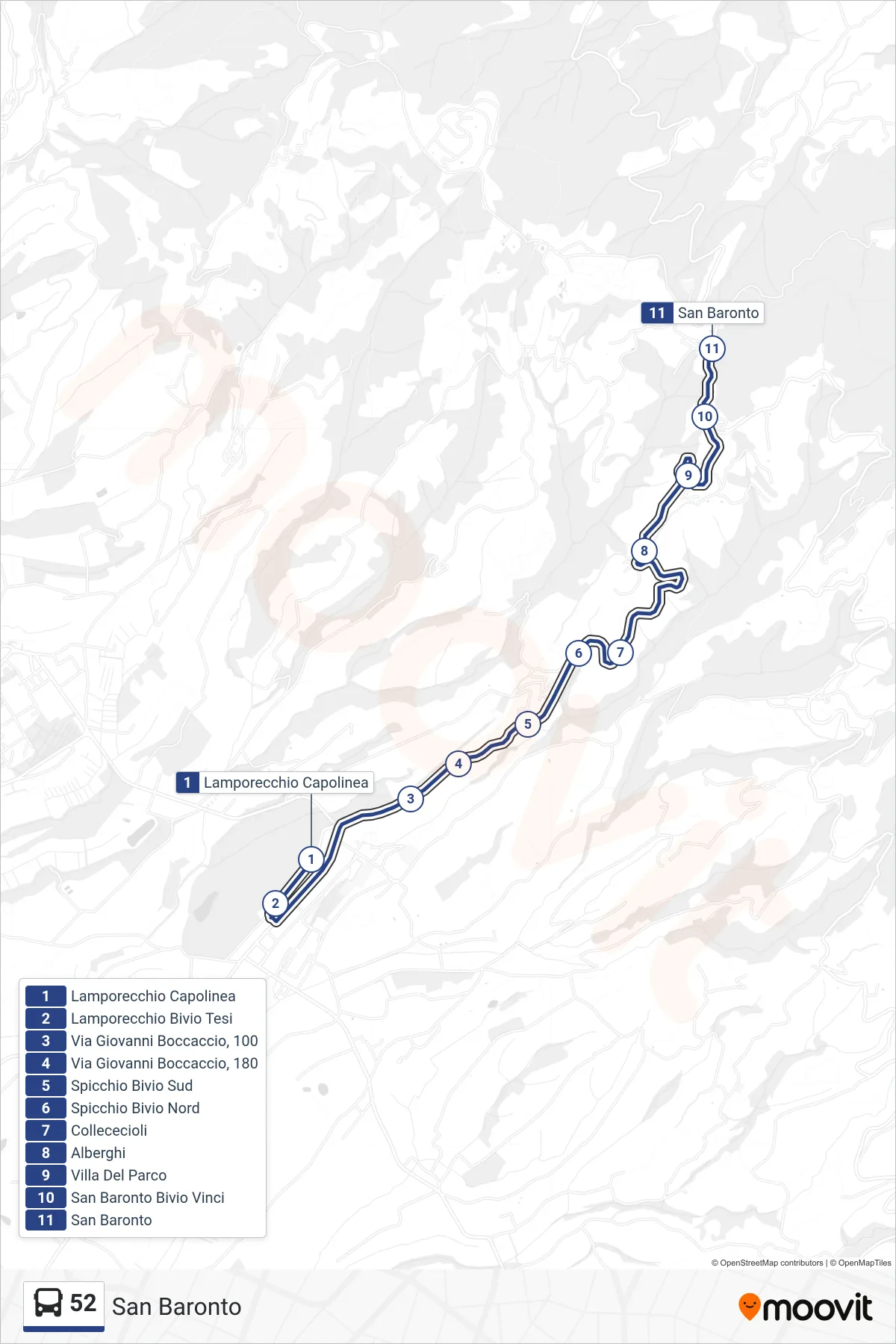 Linea 52 tram (San Baronto) - Percorsi e fermate sulla mappa