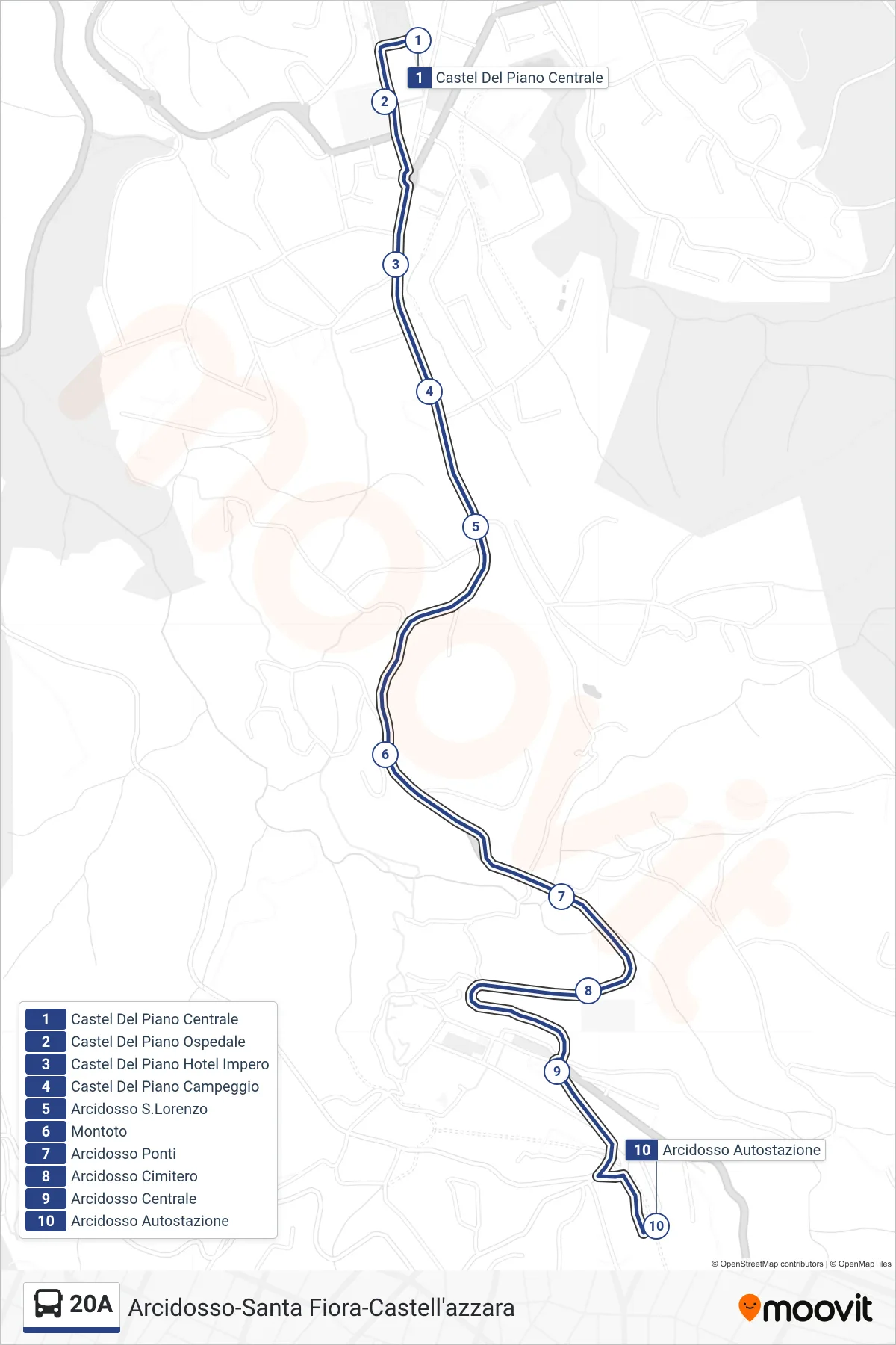 Linea 20A bus (Arcidosso Autostazione) - Percorsi e fermate sulla mappa