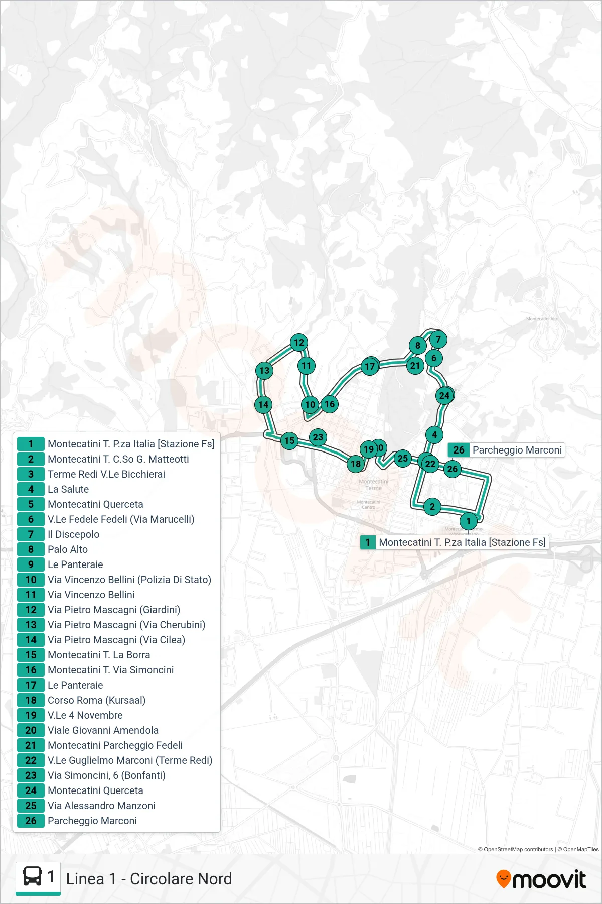 Linea 1  bus (Montecatini P.za Italia [stazione]) - Percorsi e fermate sulla mappa
