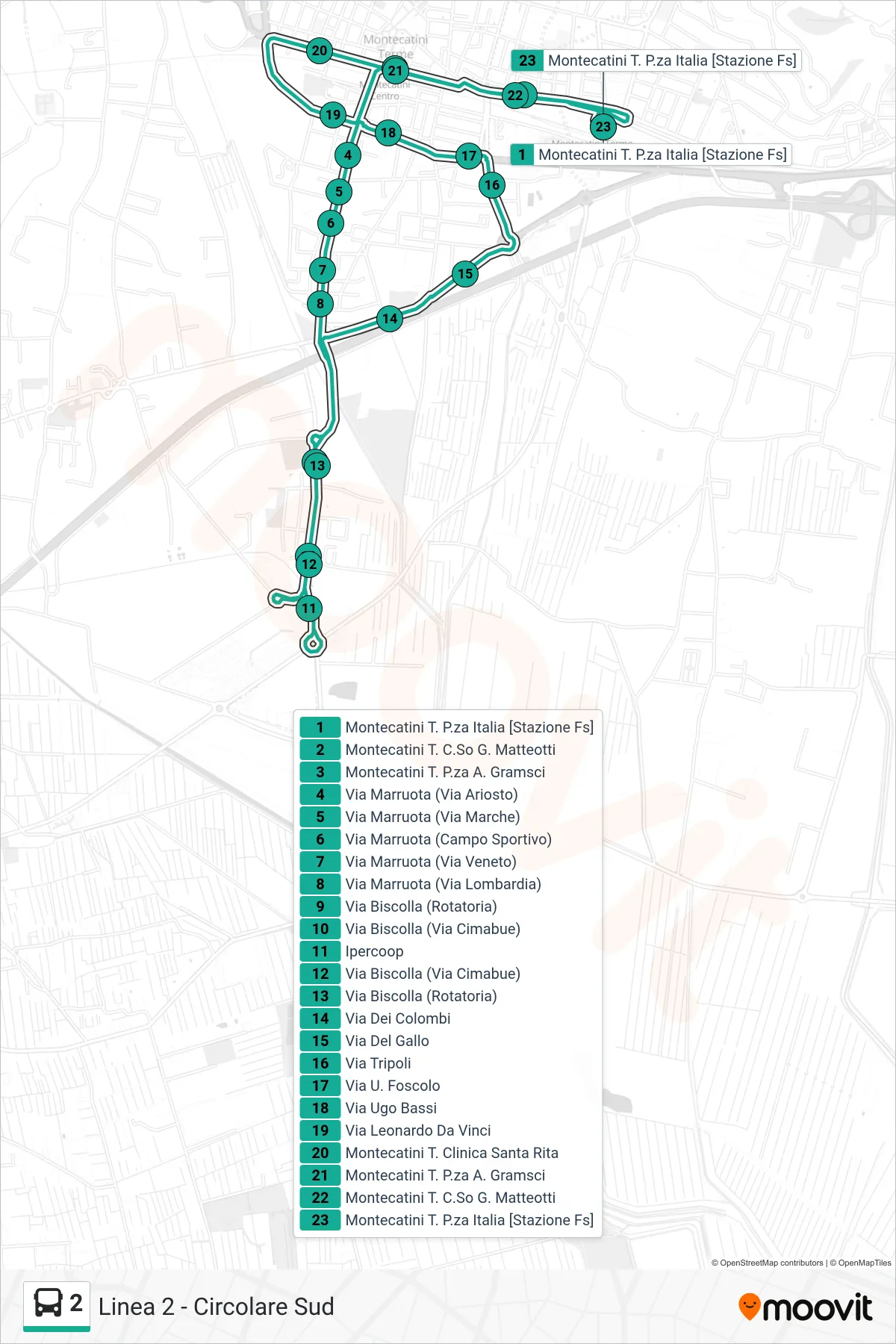 Linea 2  bus (Montecatini P.za Italia [Stazione]) - Percorsi e fermate sulla mappa