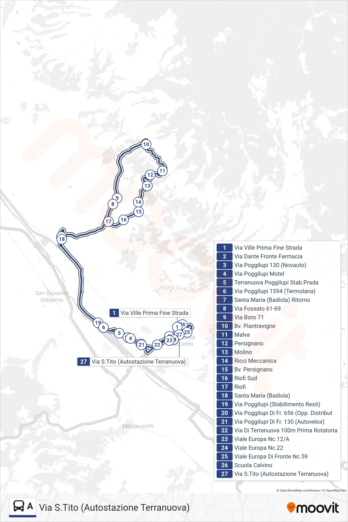 Linea A  bus (Via S.Tito (Autostazione Terranuova)) - Percorsi e fermate sulla mappa
