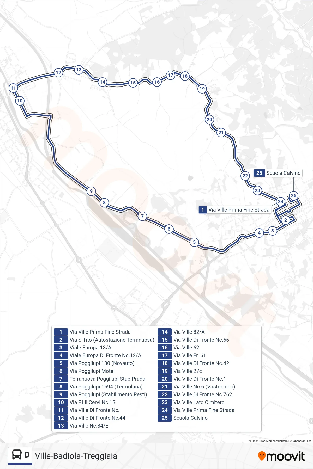 Linea D bus (Scuola Calvino) - Percorsi e fermate sulla mappa