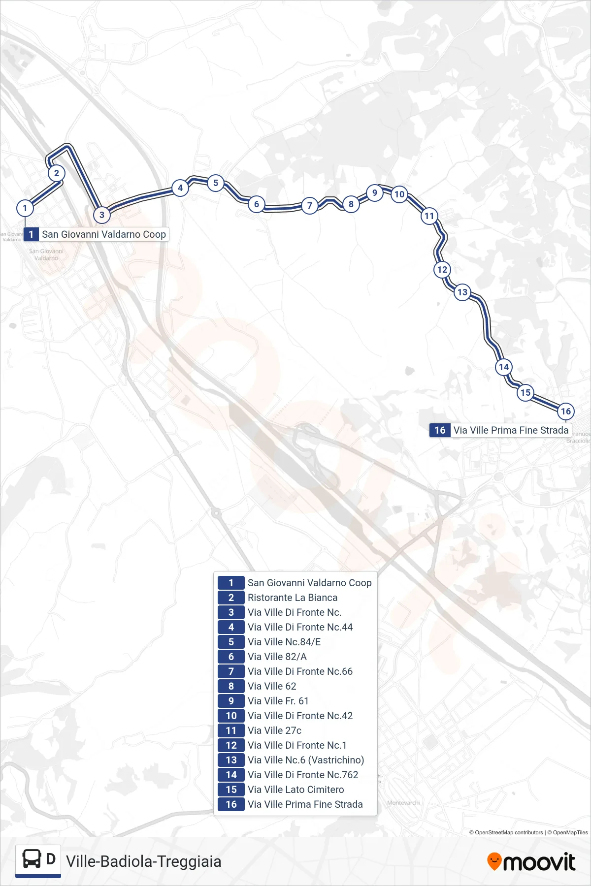 Linea D bus (Via Ville Prima Fine Strada) - Percorsi e fermate sulla mappa