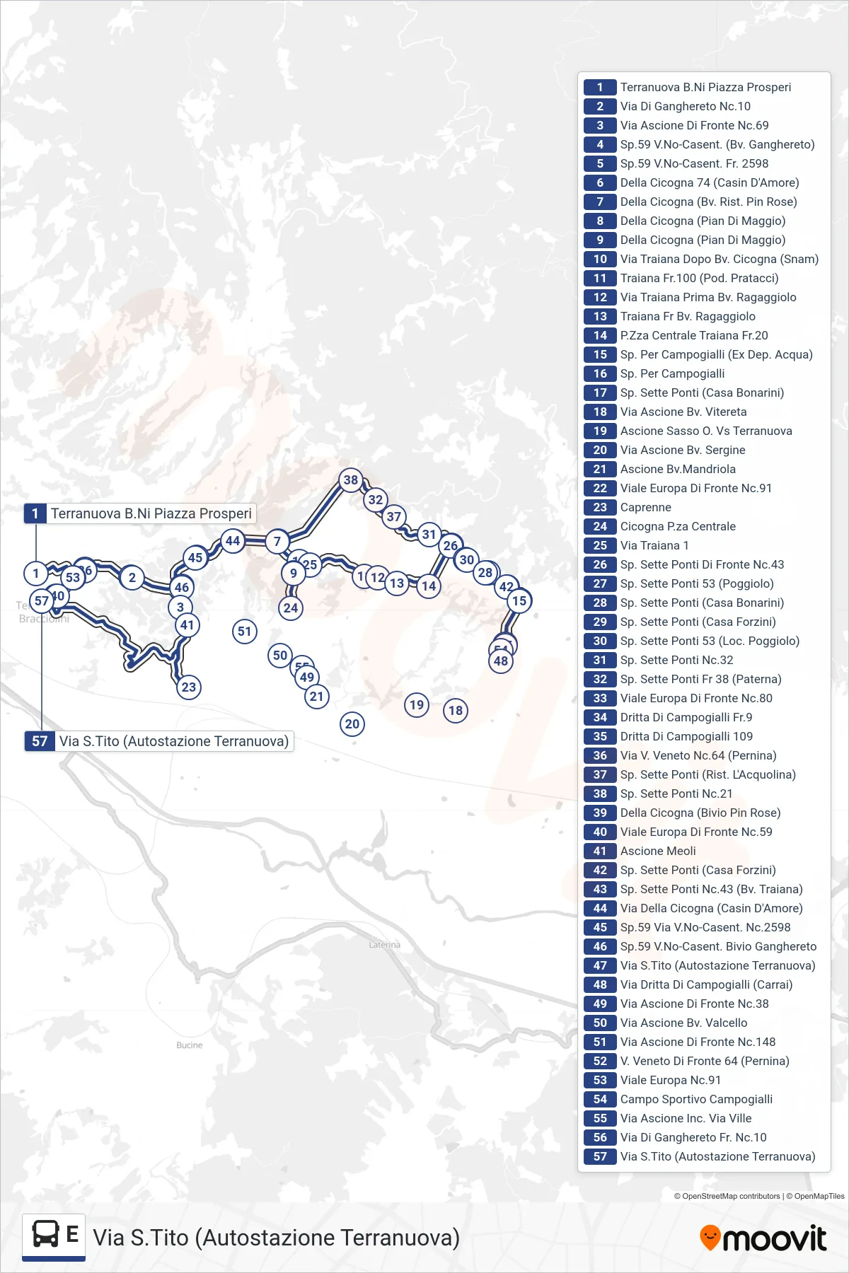 Linea E bus (Via S.Tito (Autostazione Terranuova)) - Percorsi e fermate sulla mappa