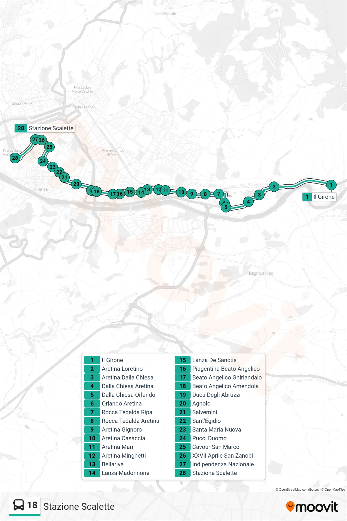 Linea 18 bus (Stazione Scalette) - Percorsi e fermate sulla mappa