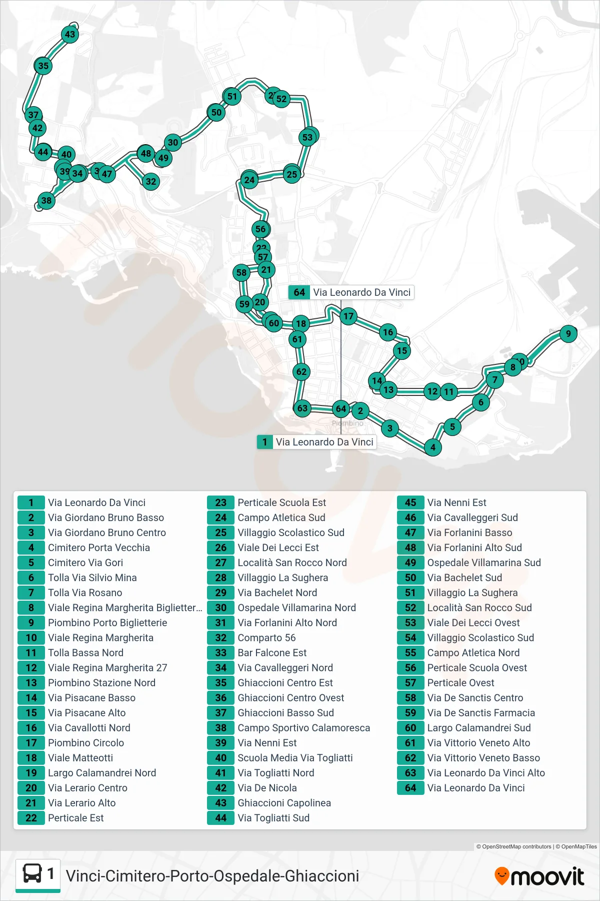 Linea 1 bus (Via Leonardo Da Vinci) - Percorsi e fermate sulla mappa