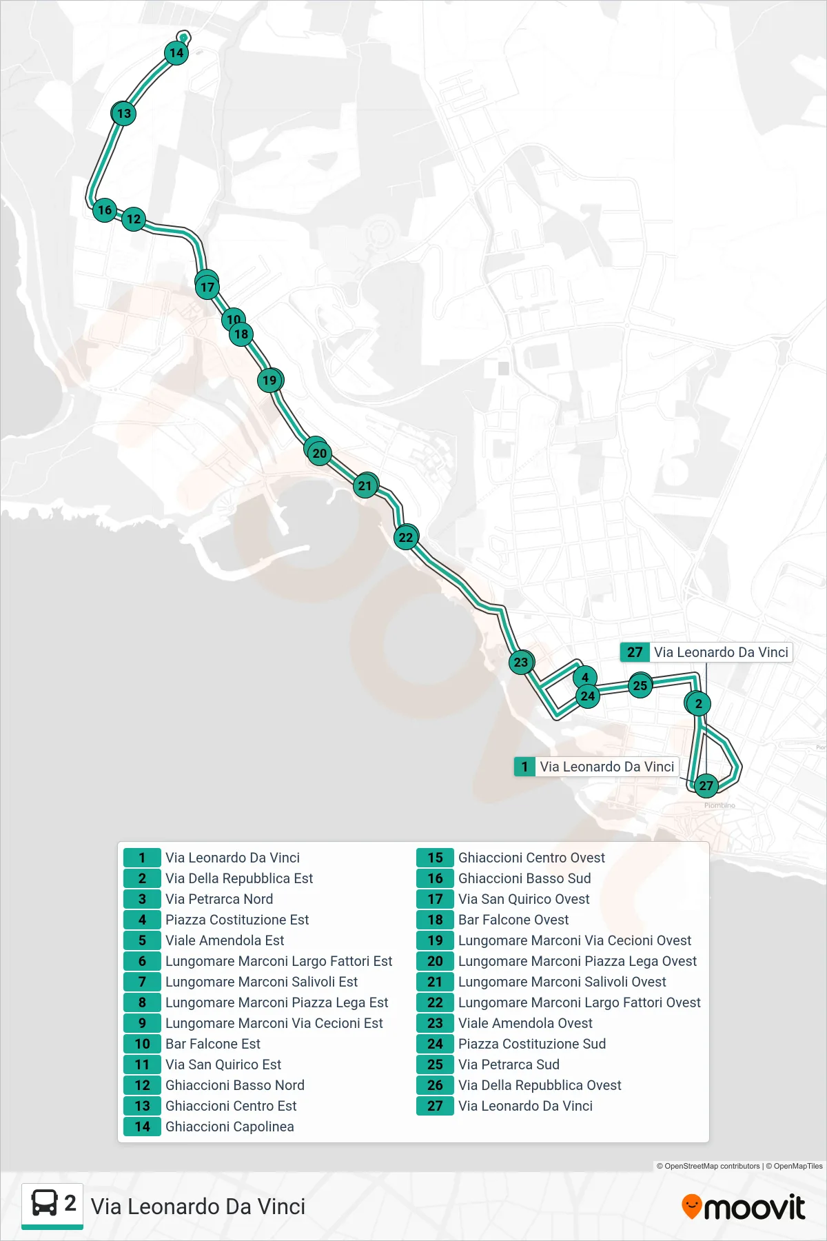 Linea 2  bus (Via Leonardo Da Vinci) - Percorsi e fermate sulla mappa