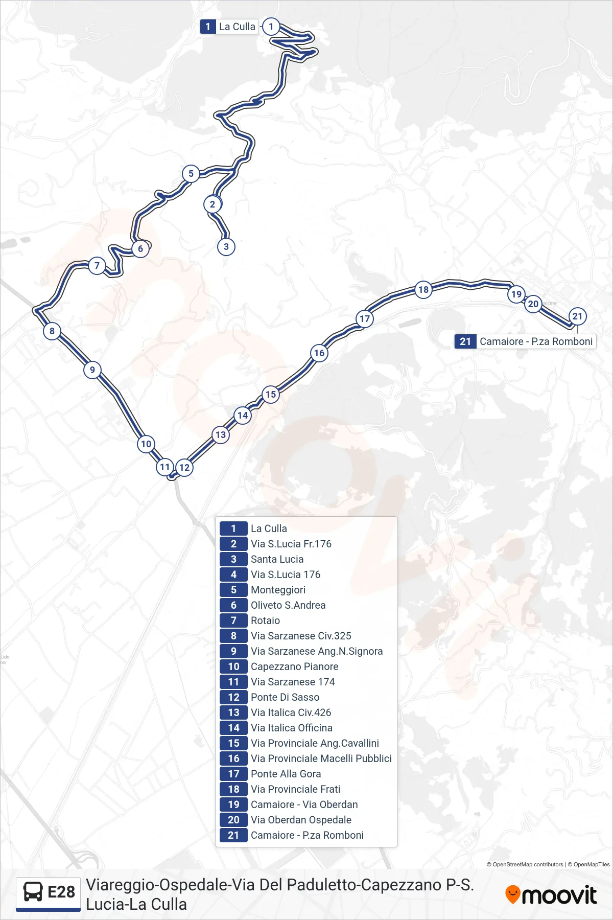 Linea E28 bus (P.za Romboni) - Percorsi e fermate sulla mappa