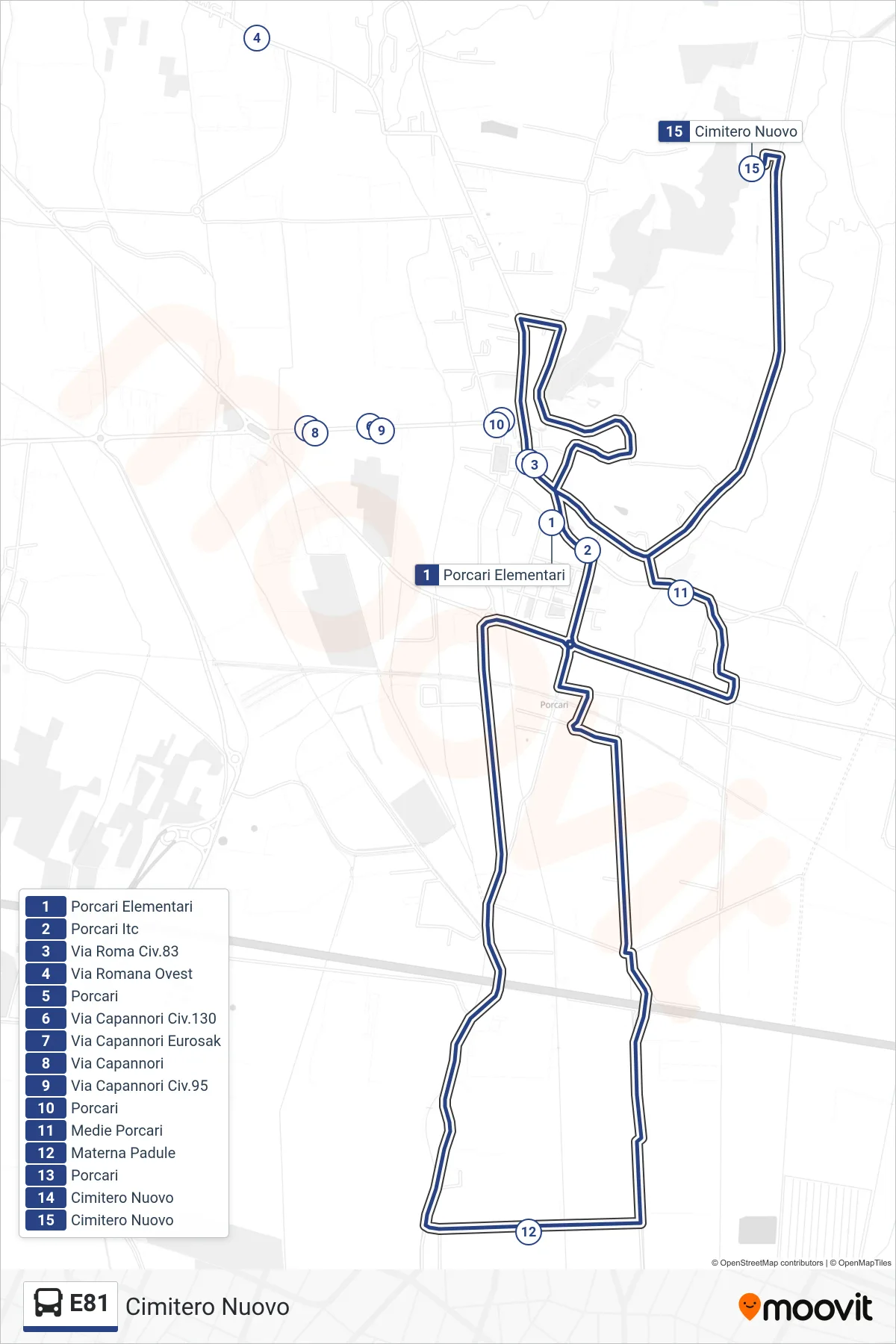 Linea E81  bus (Cimitero Nuovo) - Percorsi e fermate sulla mappa
