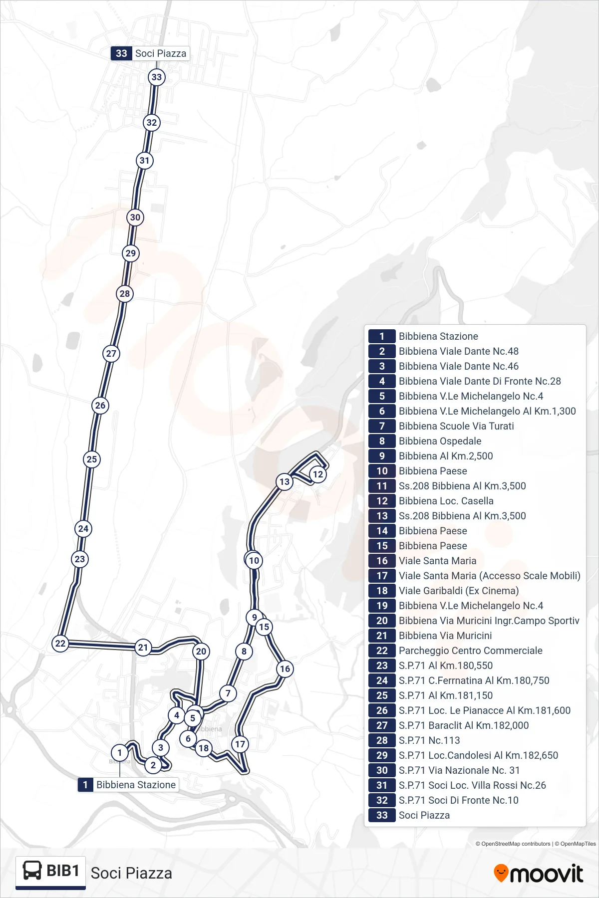 Linea BIB1 bus (Soci Piazza) - Percorsi e fermate sulla mappa