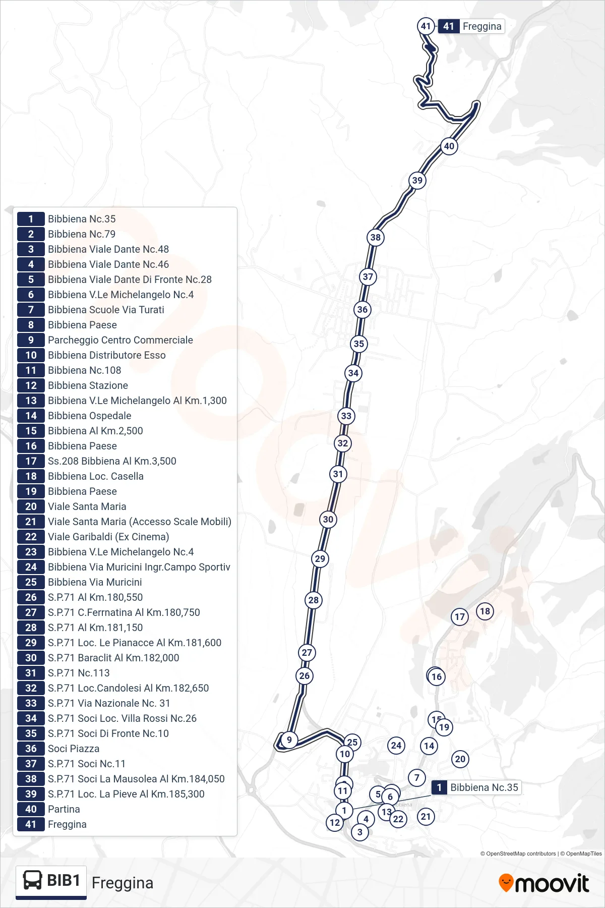 Linea BIB1  bus (Freggina) - Percorsi e fermate sulla mappa