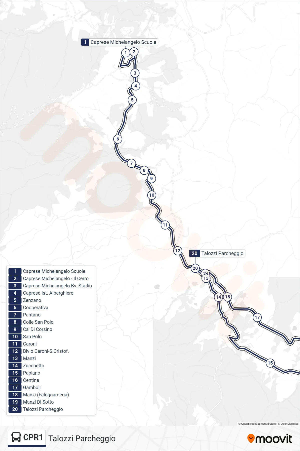 Linea CPR1 bus (Talozzi Parcheggio) - Percorsi e fermate sulla mappa