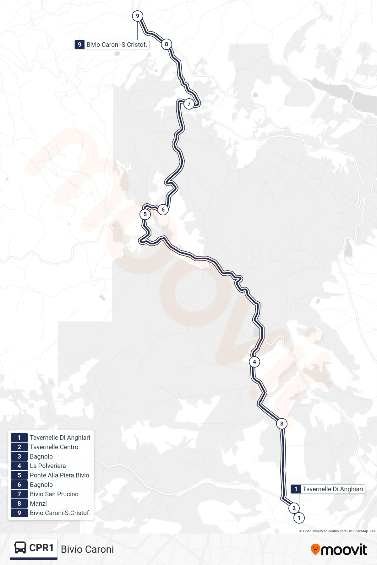 Linea CPR1 bus (Bivio Caroni) - Percorsi e fermate sulla mappa