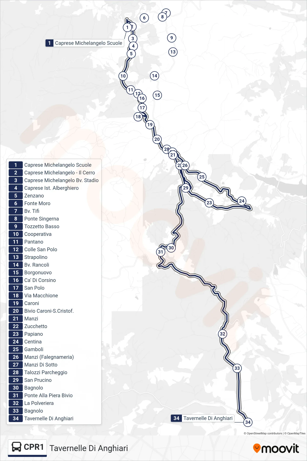 Linea CPR1  bus (Tavernelle Di Anghiari) - Percorsi e fermate sulla mappa